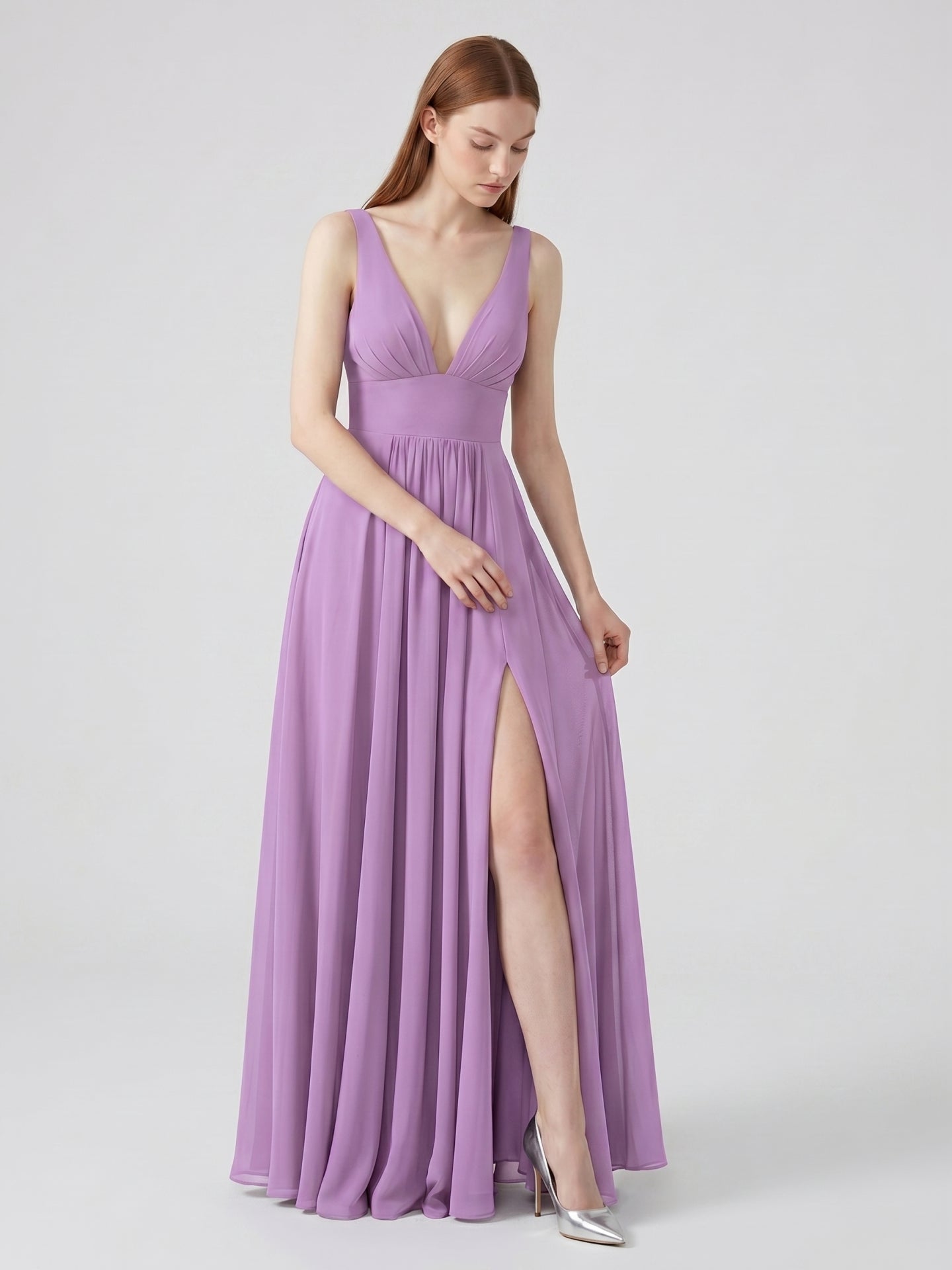 Wisteria Chiffon A-Line V-Neck Backless Floor-Length Bridesmaid Dress