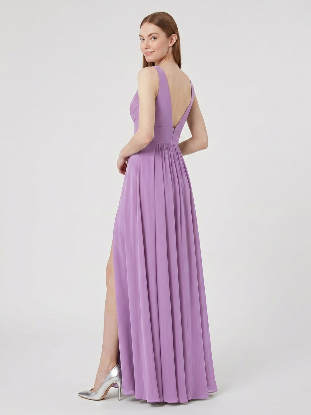 Wisteria Chiffon A-Line V-Neck Backless Floor-Length Bridesmaid Dress