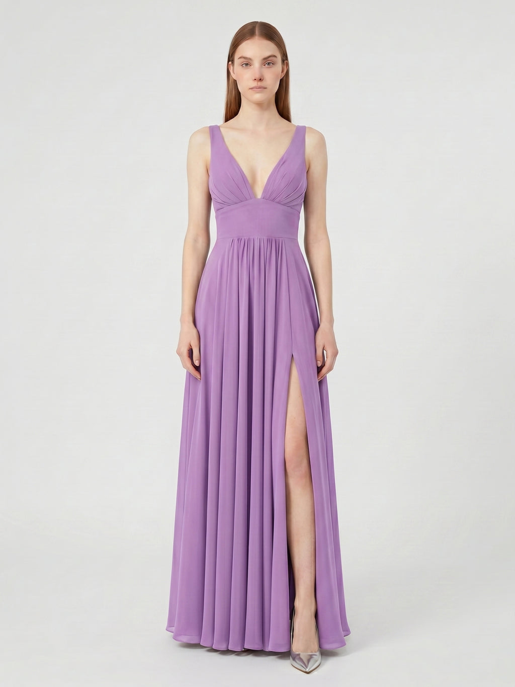 Wisteria Chiffon A-Line V-Neck Backless Floor-Length Bridesmaid Dress
