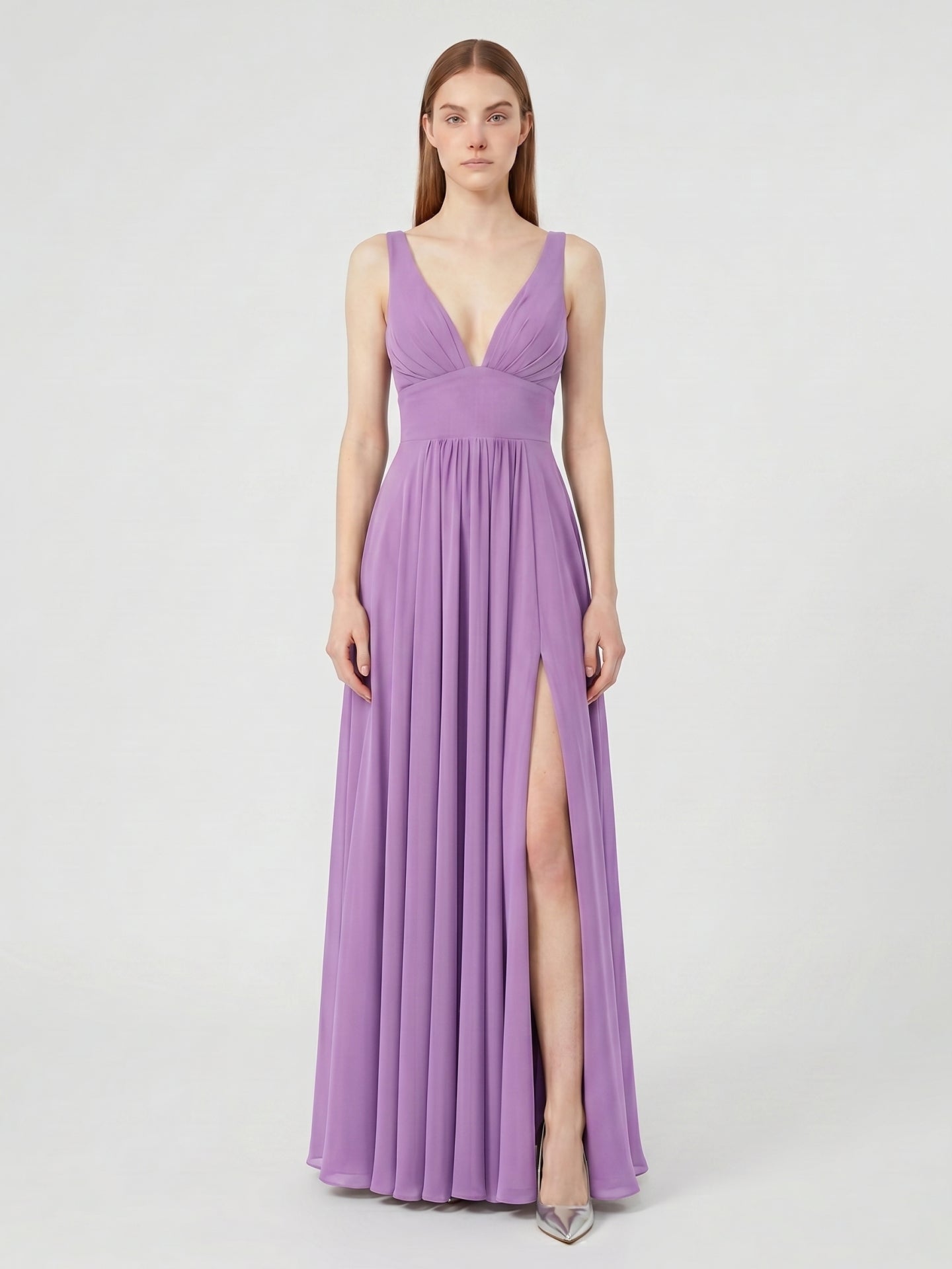 Wisteria Chiffon A-Line V-Neck Backless Floor-Length Bridesmaid Dress