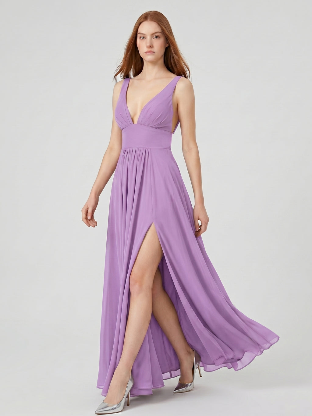 Wisteria Chiffon A-Line V-Neck Backless Floor-Length Bridesmaid Dress