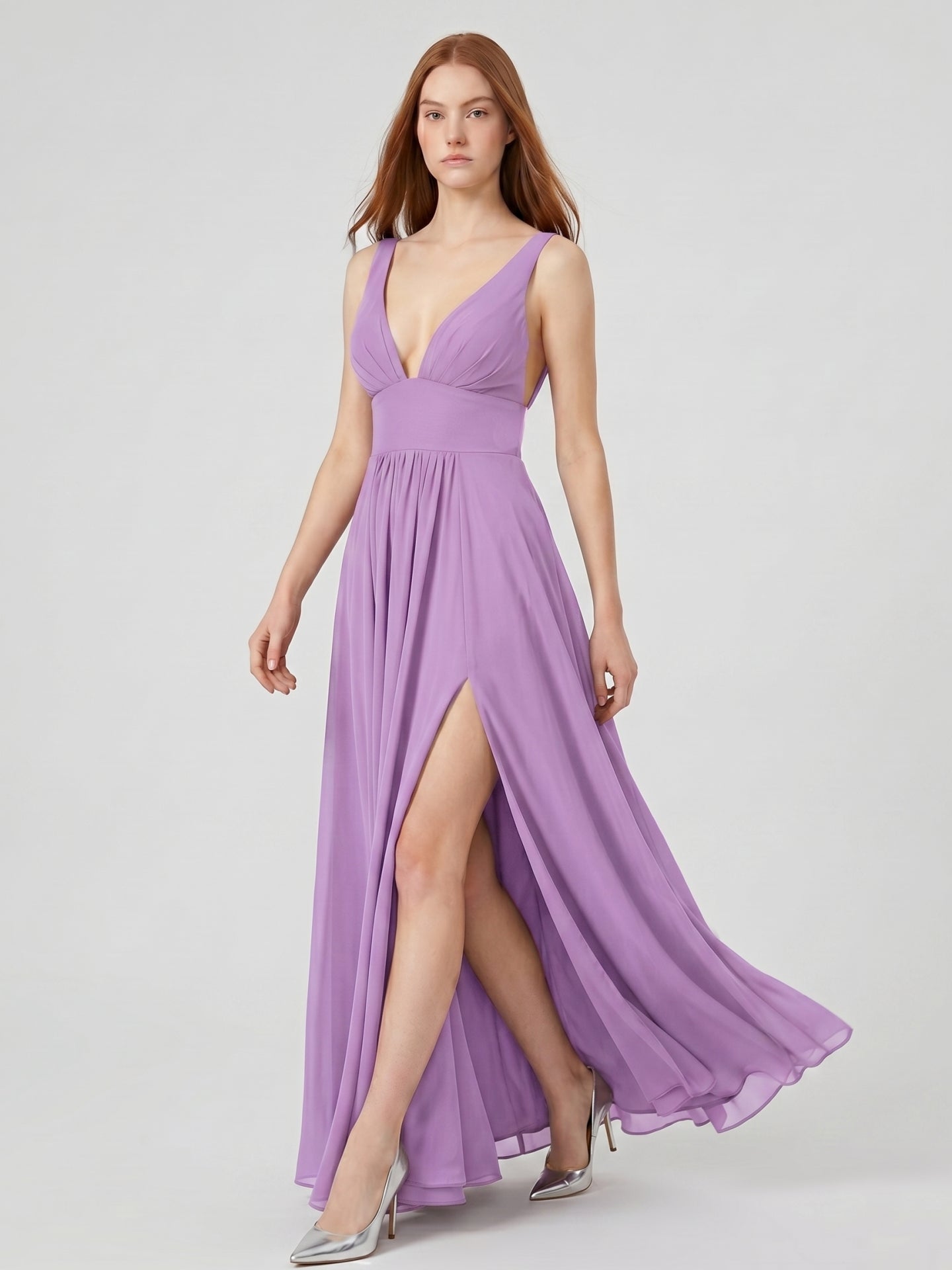 Wisteria Chiffon A-Line V-Neck Backless Floor-Length Bridesmaid Dress