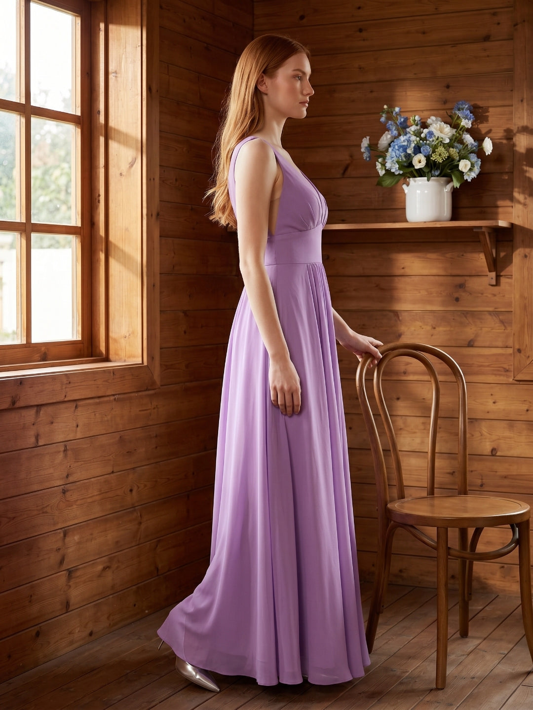 Wisteria Chiffon A-Line V-Neck Backless Floor-Length Bridesmaid Dress