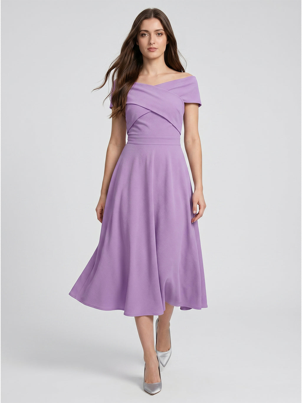 Wisteria Matte Satin A-Line Off-the-Shoulder Back Zip Tea-Length Bridesmaid Dress