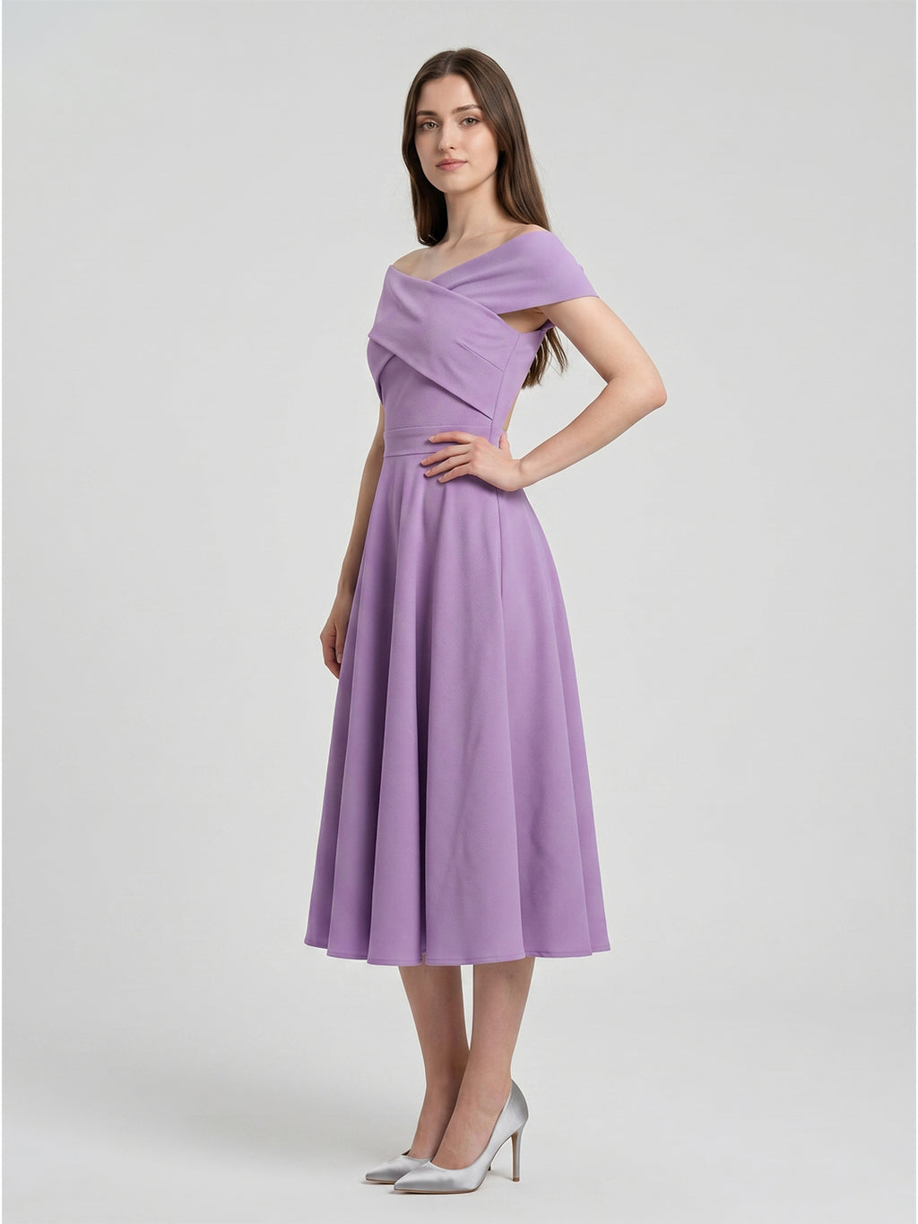 Wisteria Matte Satin A-Line Off-the-Shoulder Back Zip Tea-Length Bridesmaid Dress