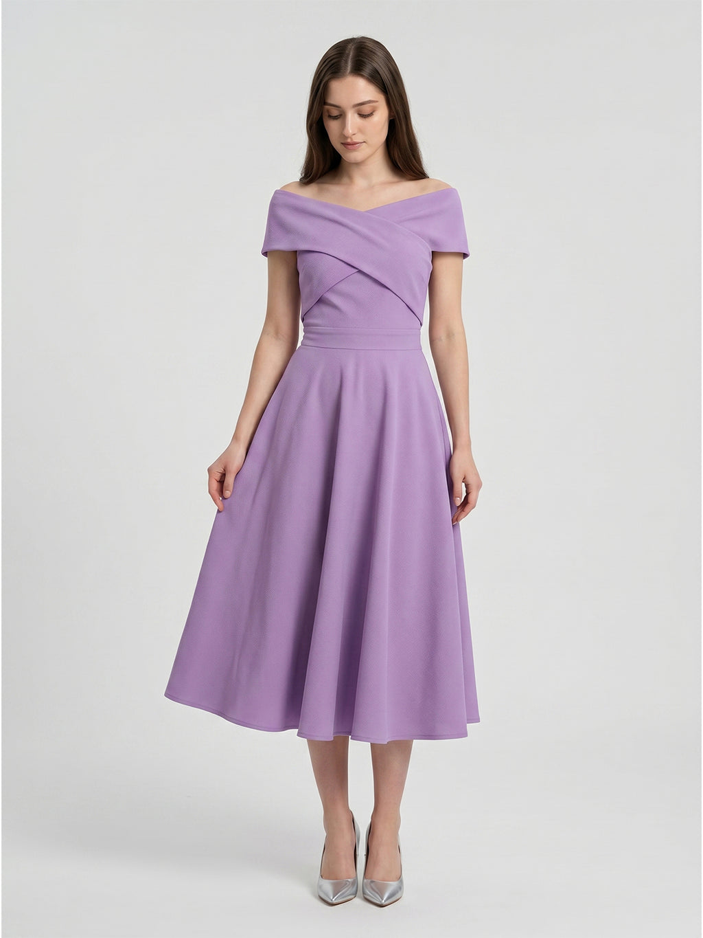 Wisteria Matte Satin A-Line Off-the-Shoulder Back Zip Tea-Length Bridesmaid Dress