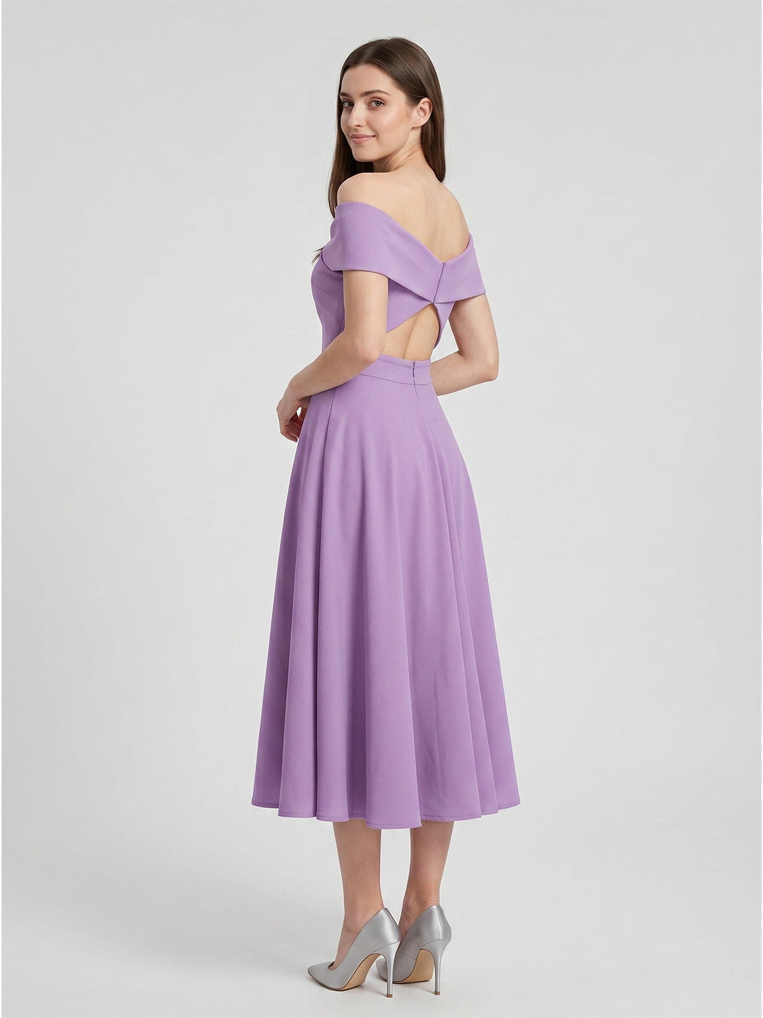 Wisteria Matte Satin A-Line Off-the-Shoulder Back Zip Tea-Length Bridesmaid Dress