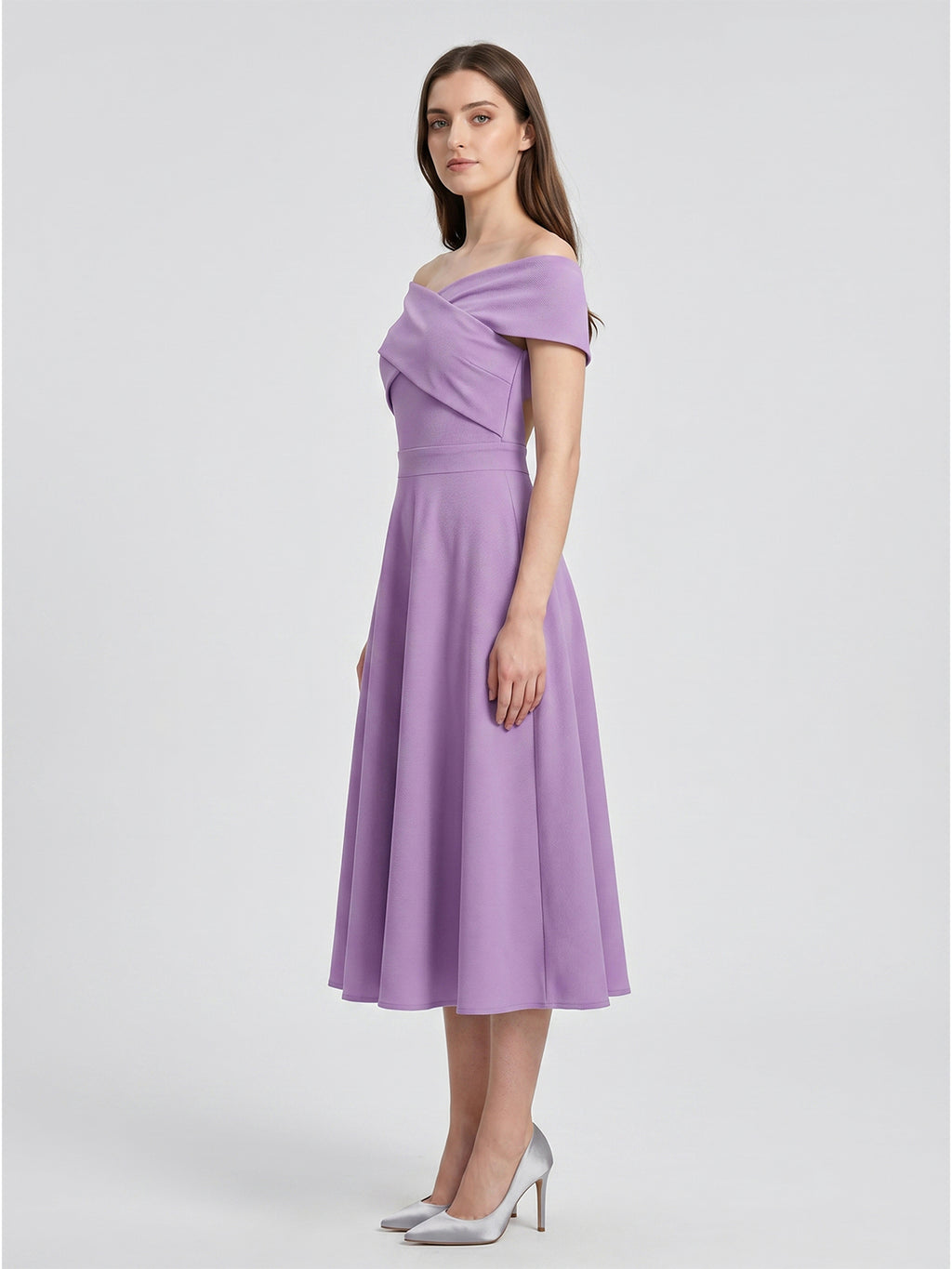 Wisteria Matte Satin A-Line Off-the-Shoulder Back Zip Tea-Length Bridesmaid Dress