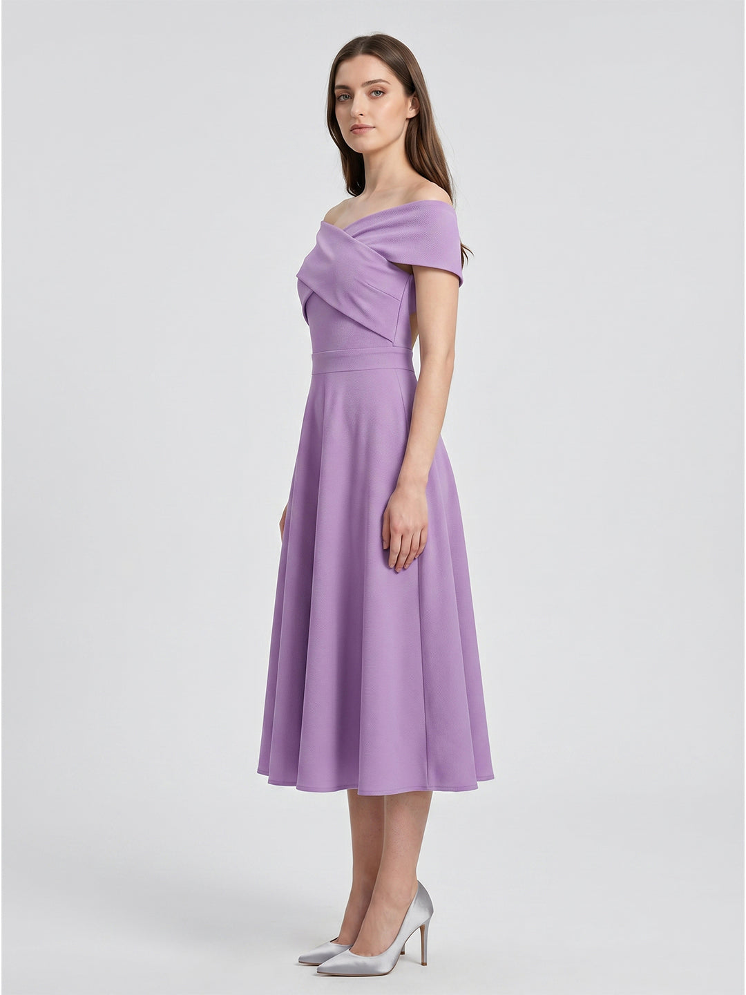 Wisteria Matte Satin A-Line Off-the-Shoulder Back Zip Tea-Length Bridesmaid Dress