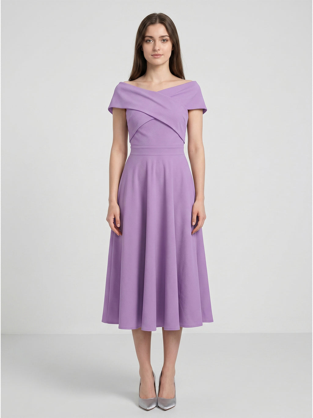 Wisteria Matte Satin A-Line Off-the-Shoulder Back Zip Tea-Length Bridesmaid Dress