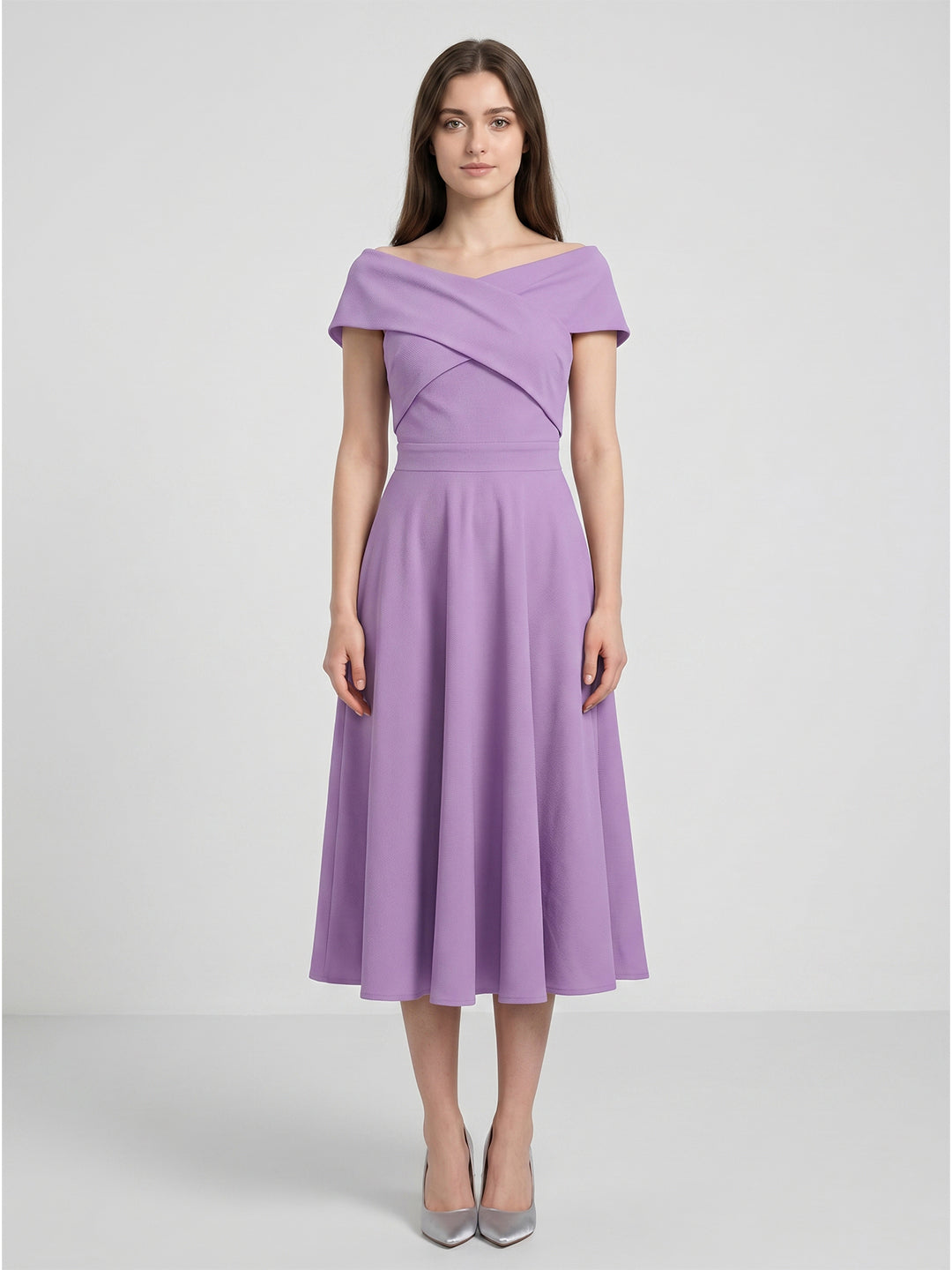 Wisteria Matte Satin A-Line Off-the-Shoulder Back Zip Tea-Length Bridesmaid Dress