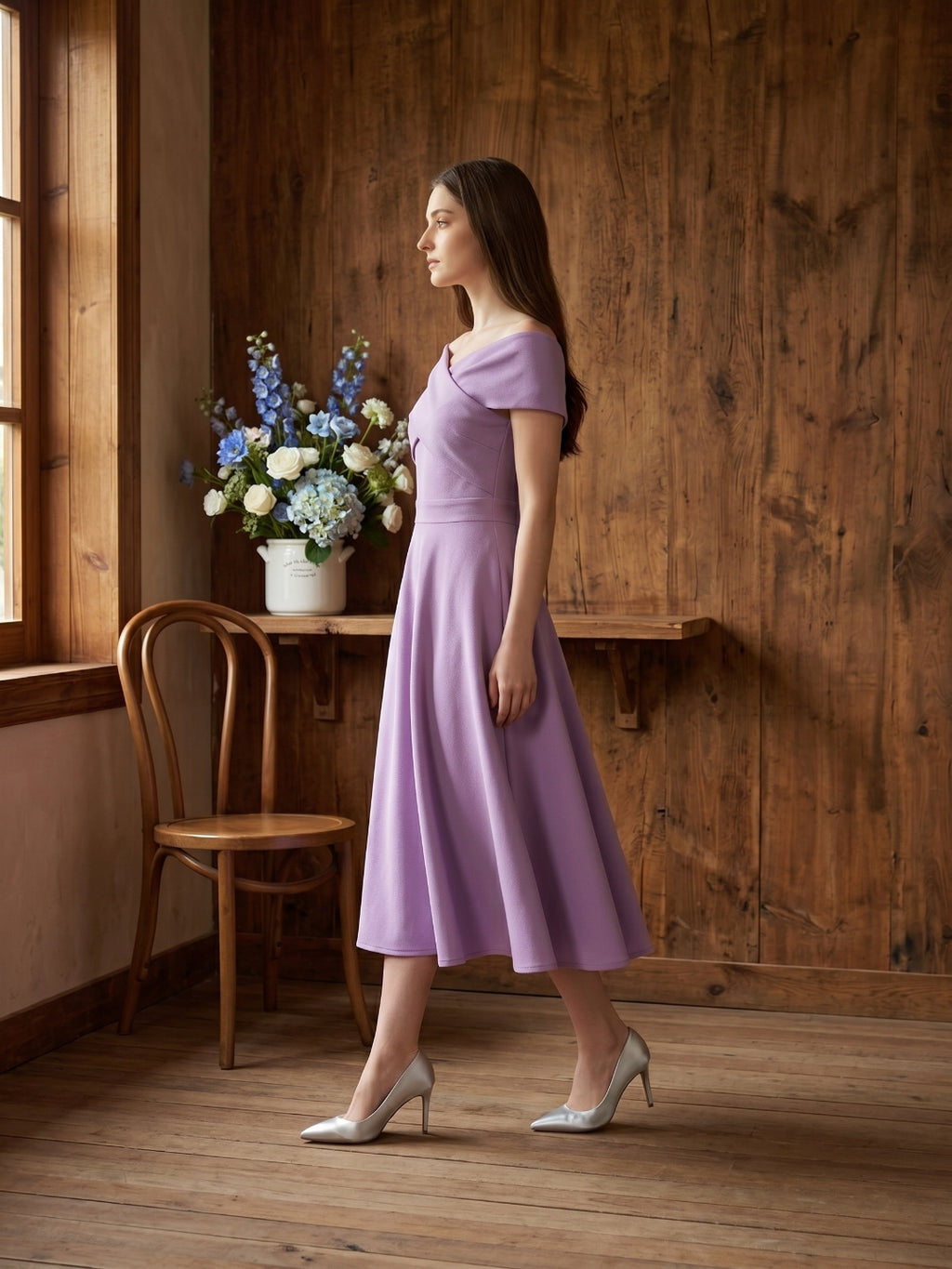 Wisteria Matte Satin A-Line Off-the-Shoulder Back Zip Tea-Length Bridesmaid Dress