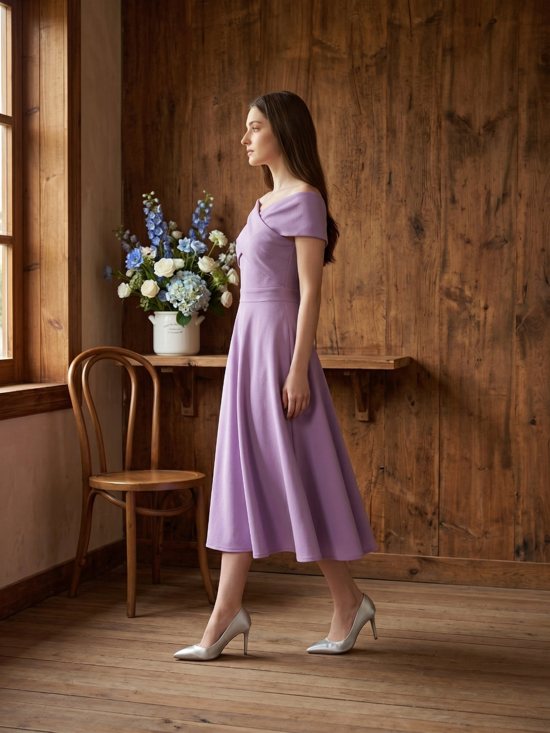 Wisteria Matte Satin A-Line Off-the-Shoulder Back Zip Tea-Length Bridesmaid Dress