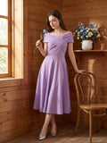 Wisteria Matte Satin A-Line Off-the-Shoulder Back Zip Tea-Length Bridesmaid Dress