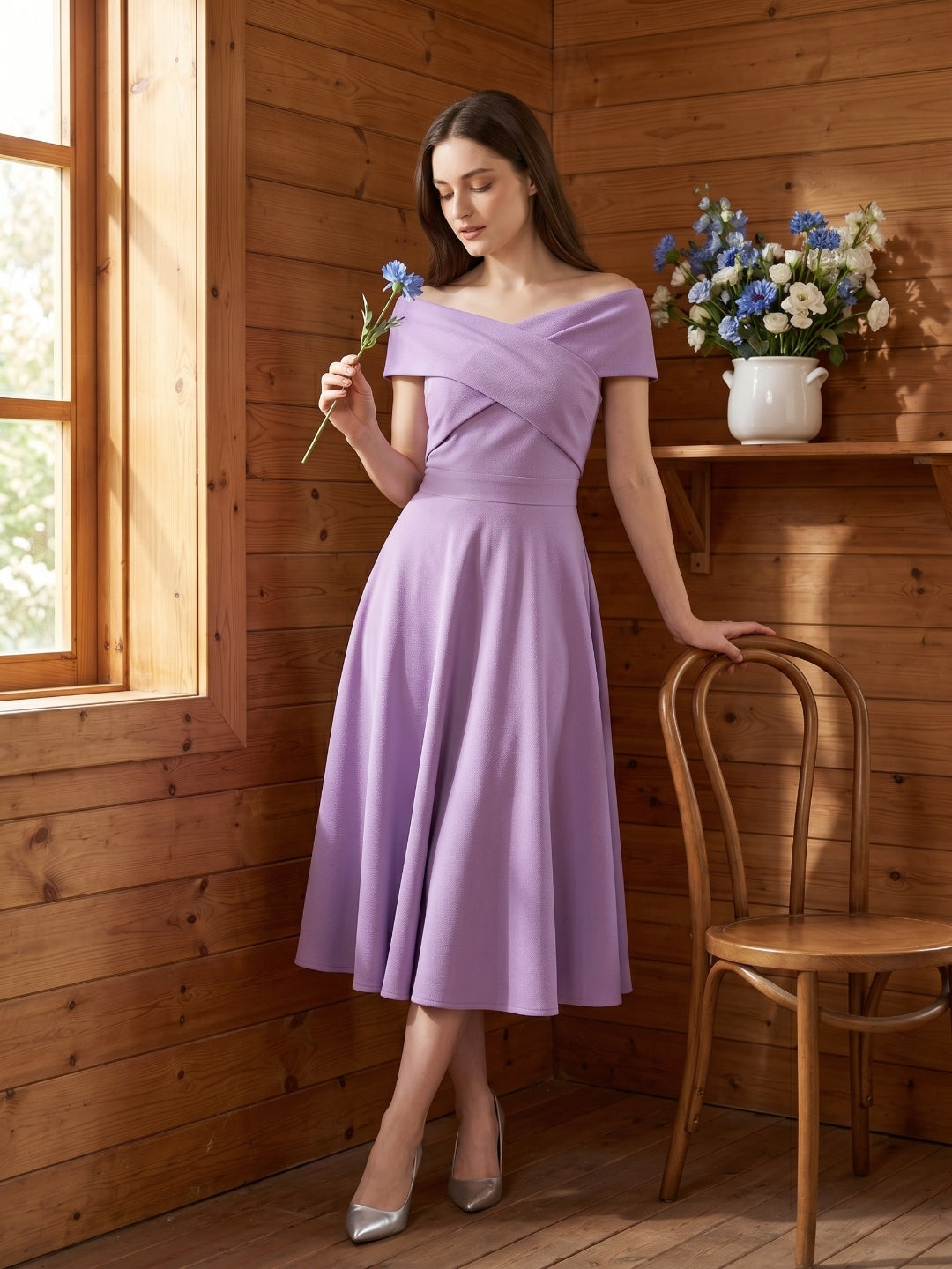 Wisteria Matte Satin A-Line Off-the-Shoulder Back Zip Tea-Length Bridesmaid Dress