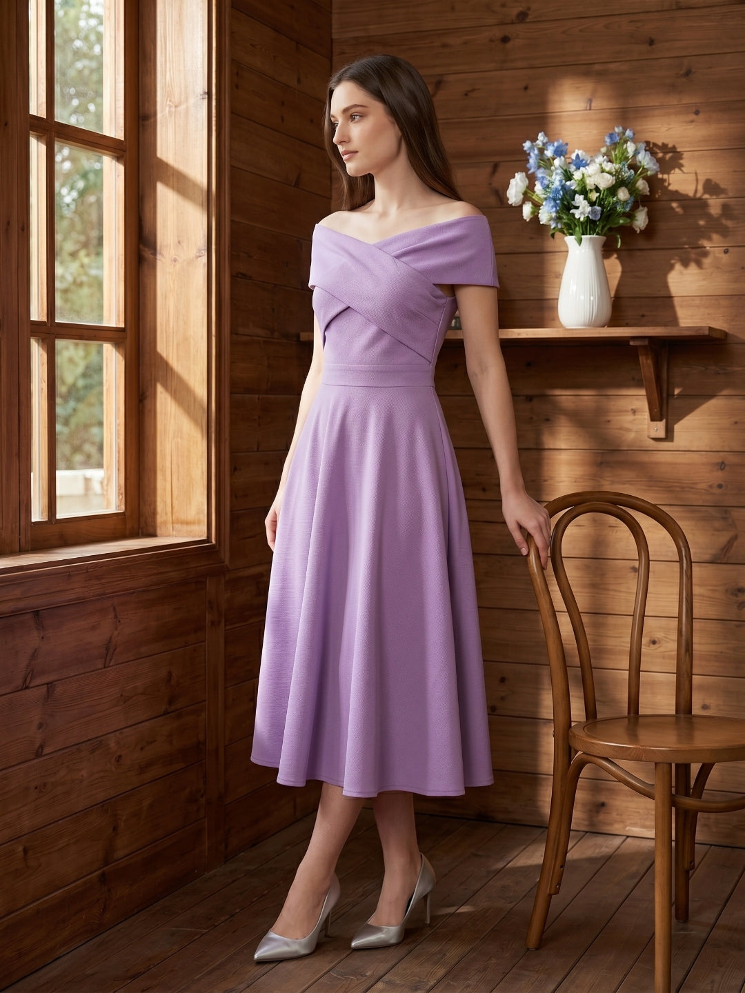 Wisteria Matte Satin A-Line Off-the-Shoulder Back Zip Tea-Length Bridesmaid Dress