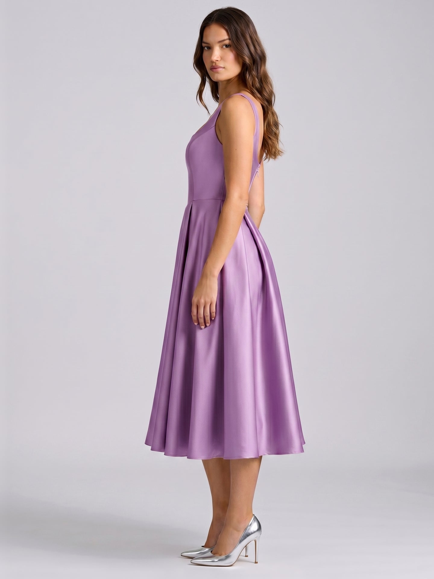 Wisteria Satin A-Line Square Neck Back Zip Knee-Length Bridesmaid Dress