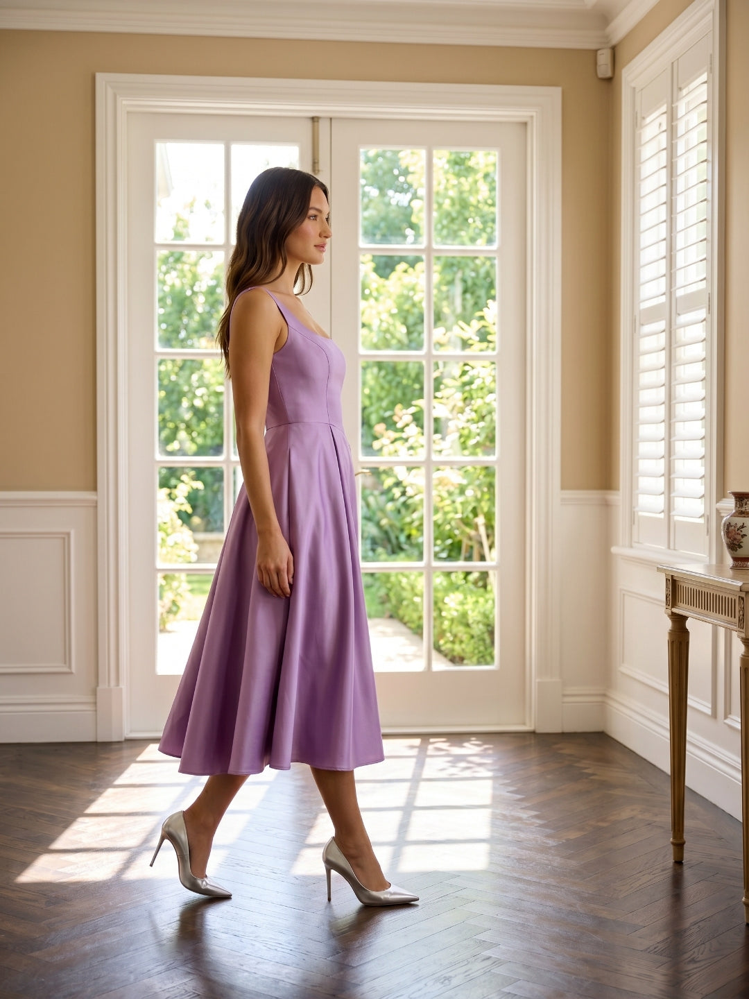 Wisteria Satin A-Line Square Neck Back Zip Knee-Length Bridesmaid Dress
