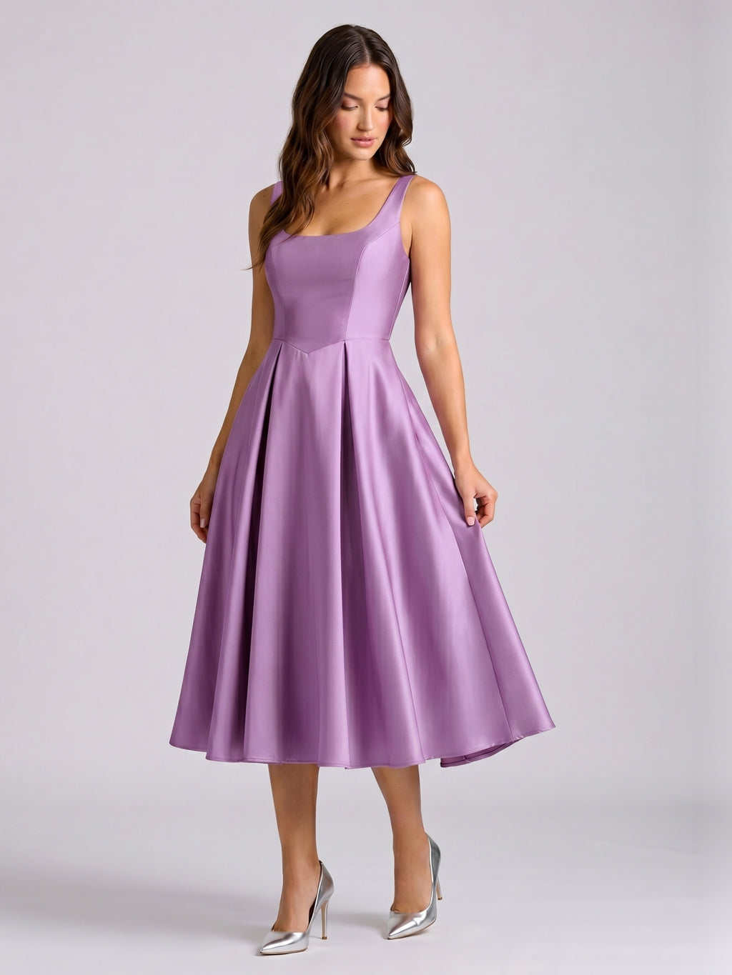 Wisteria Satin A-Line Square Neck Back Zip Knee-Length Bridesmaid Dress