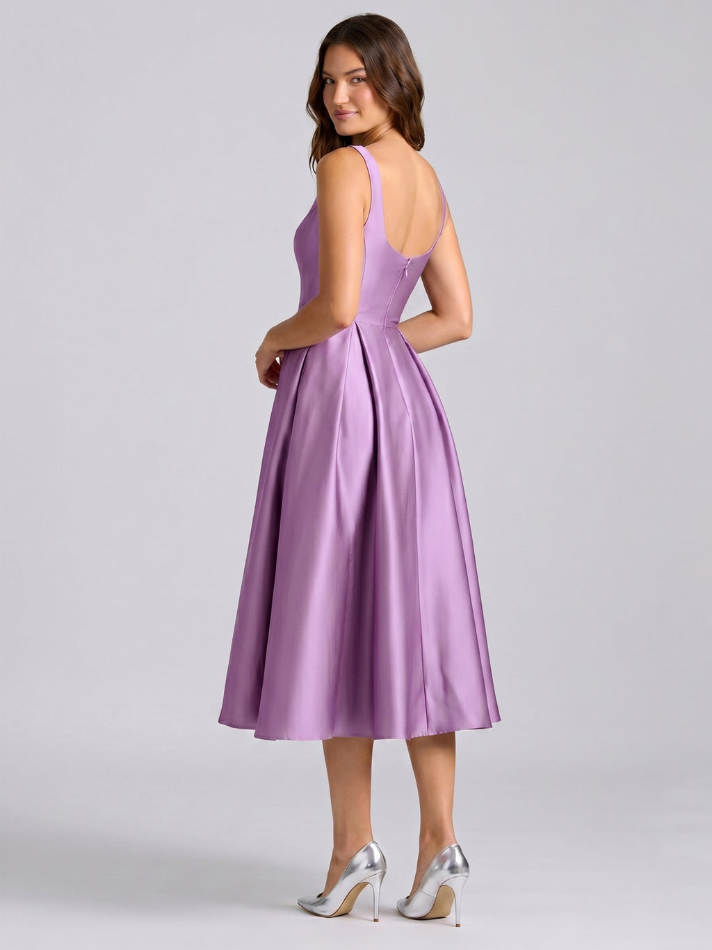 Wisteria Satin A-Line Square Neck Back Zip Knee-Length Bridesmaid Dress
