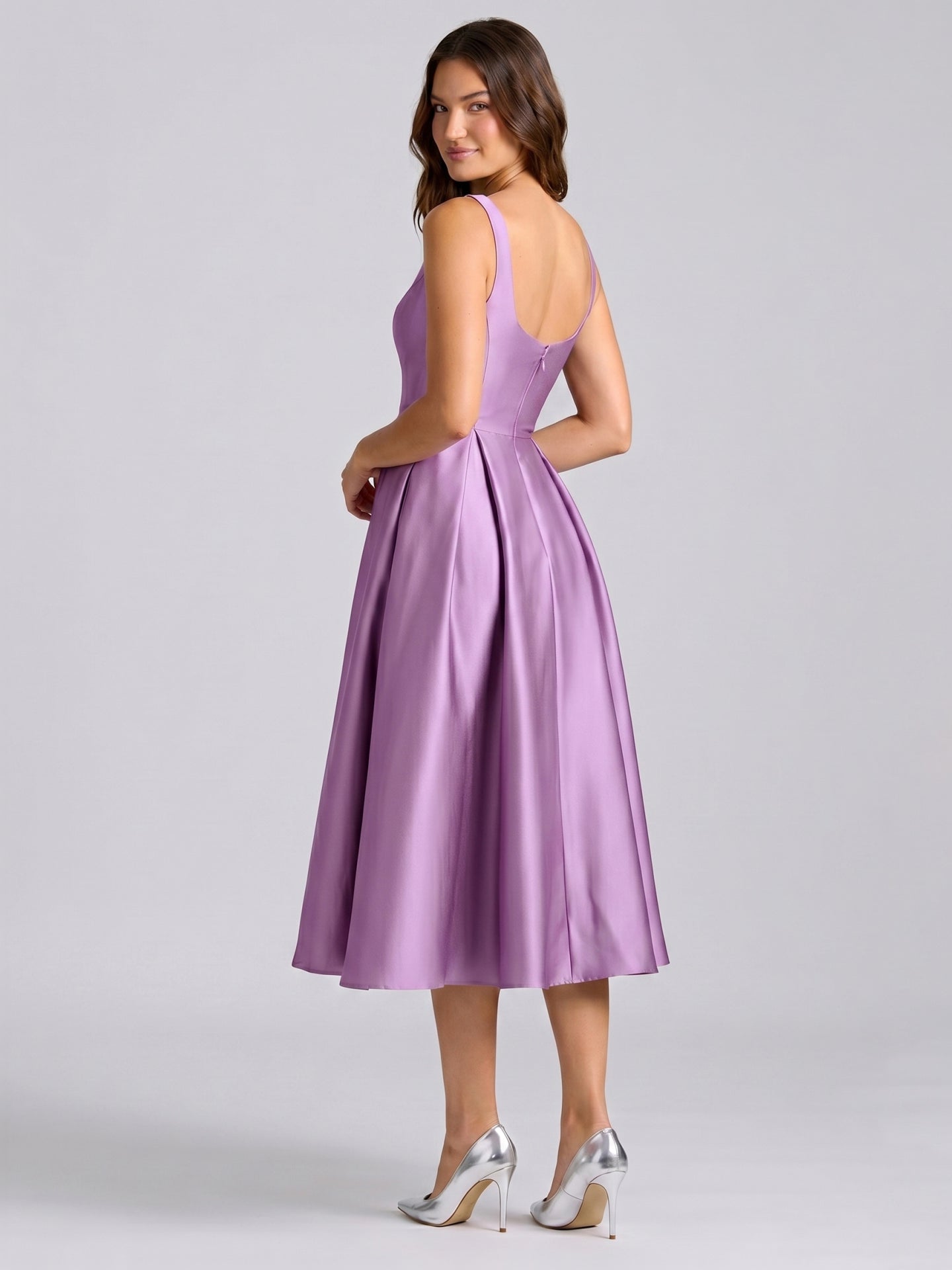 Wisteria Satin A-Line Square Neck Back Zip Knee-Length Bridesmaid Dress
