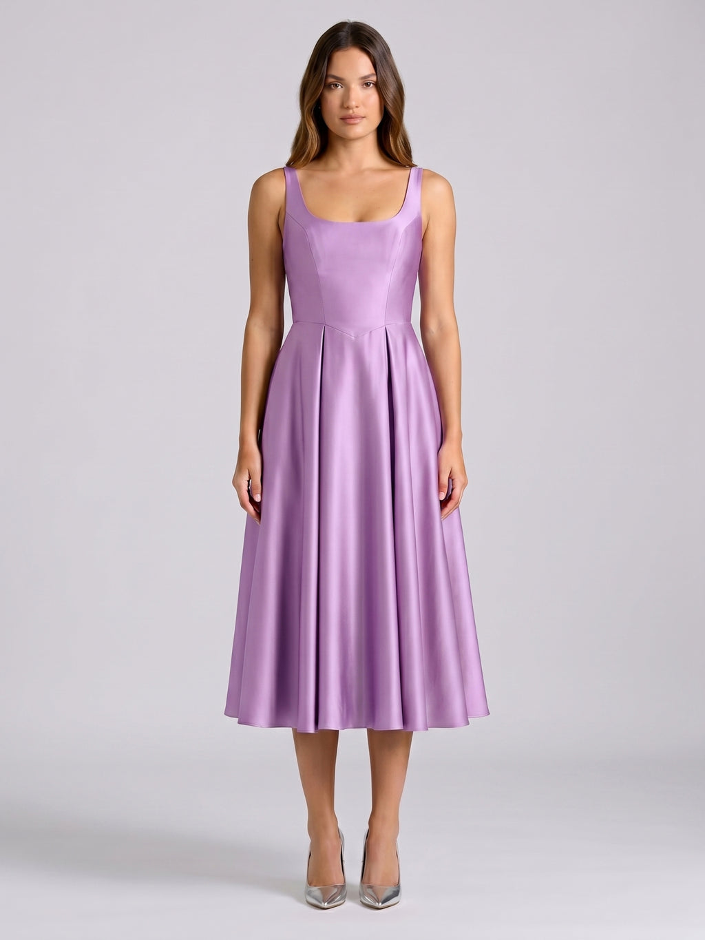 Wisteria Satin A-Line Square Neck Back Zip Knee-Length Bridesmaid Dress
