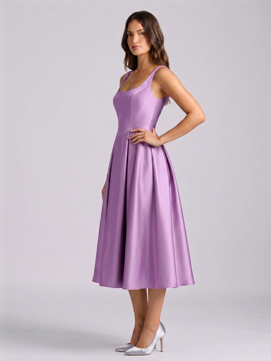 Wisteria Satin A-Line Square Neck Back Zip Knee-Length Bridesmaid Dress