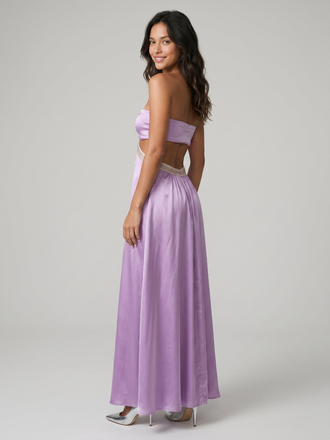 Wisteria Satin A-Line Straight Neck Backless Floor-Length Prom Dress