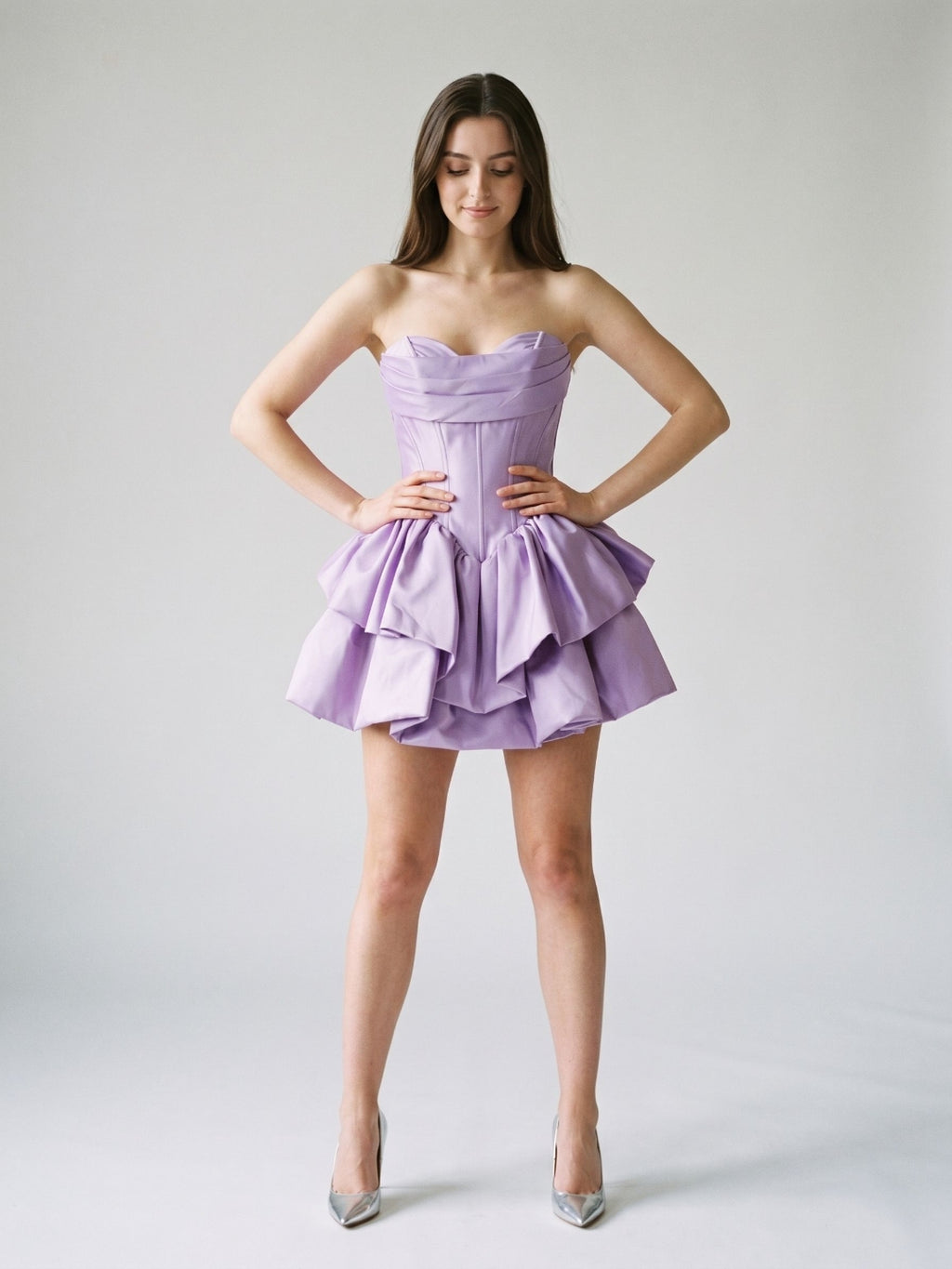 Wisteria Satin A-Line Sweetheart Back Zip Short Dress with Pleating