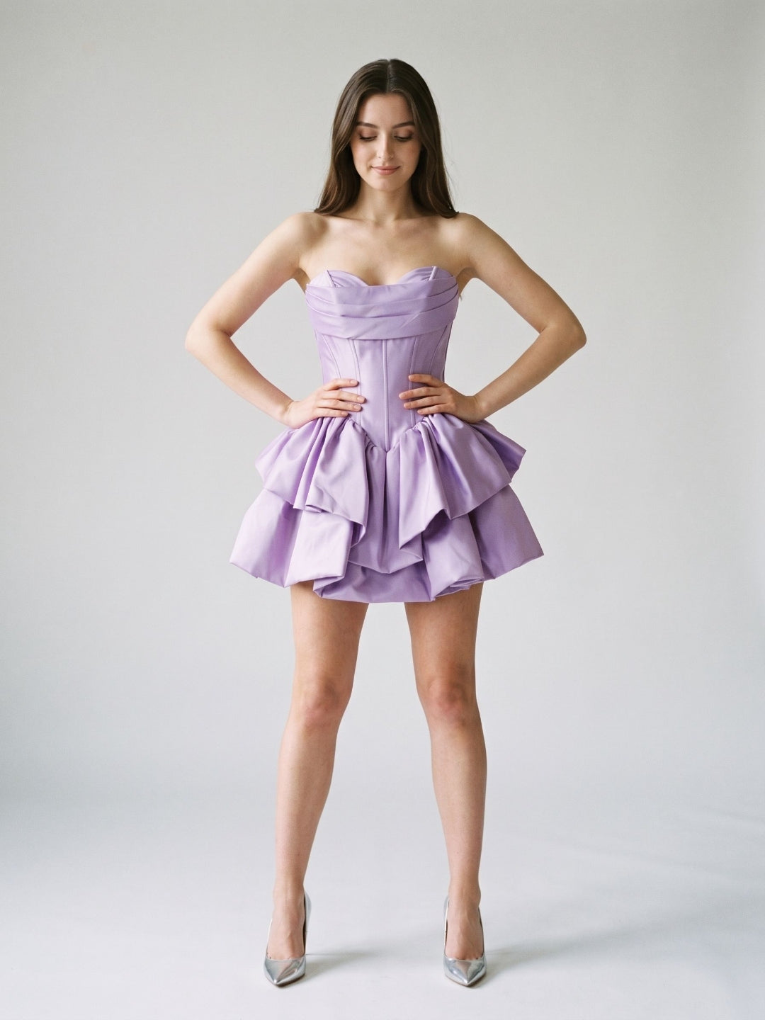 Wisteria Satin A-Line Sweetheart Back Zip Short Dress with Pleating