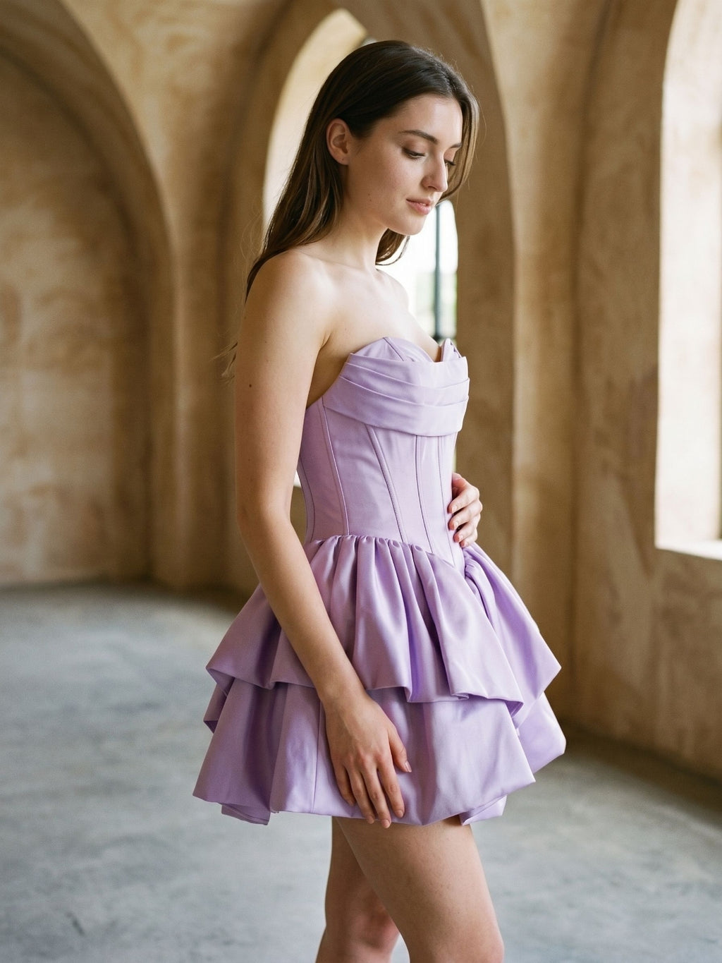 Wisteria Satin A-Line Sweetheart Back Zip Short Dress with Pleating