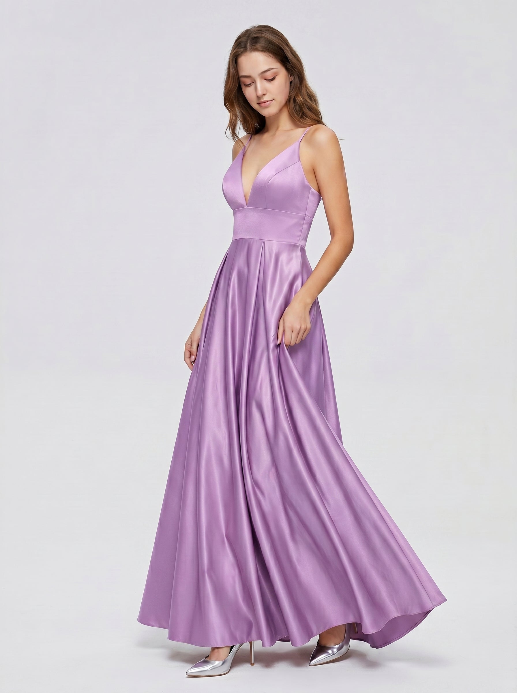 Wisteria Satin A-Line V-Neck Back Zip Floor-Length Bridesmaid Dress