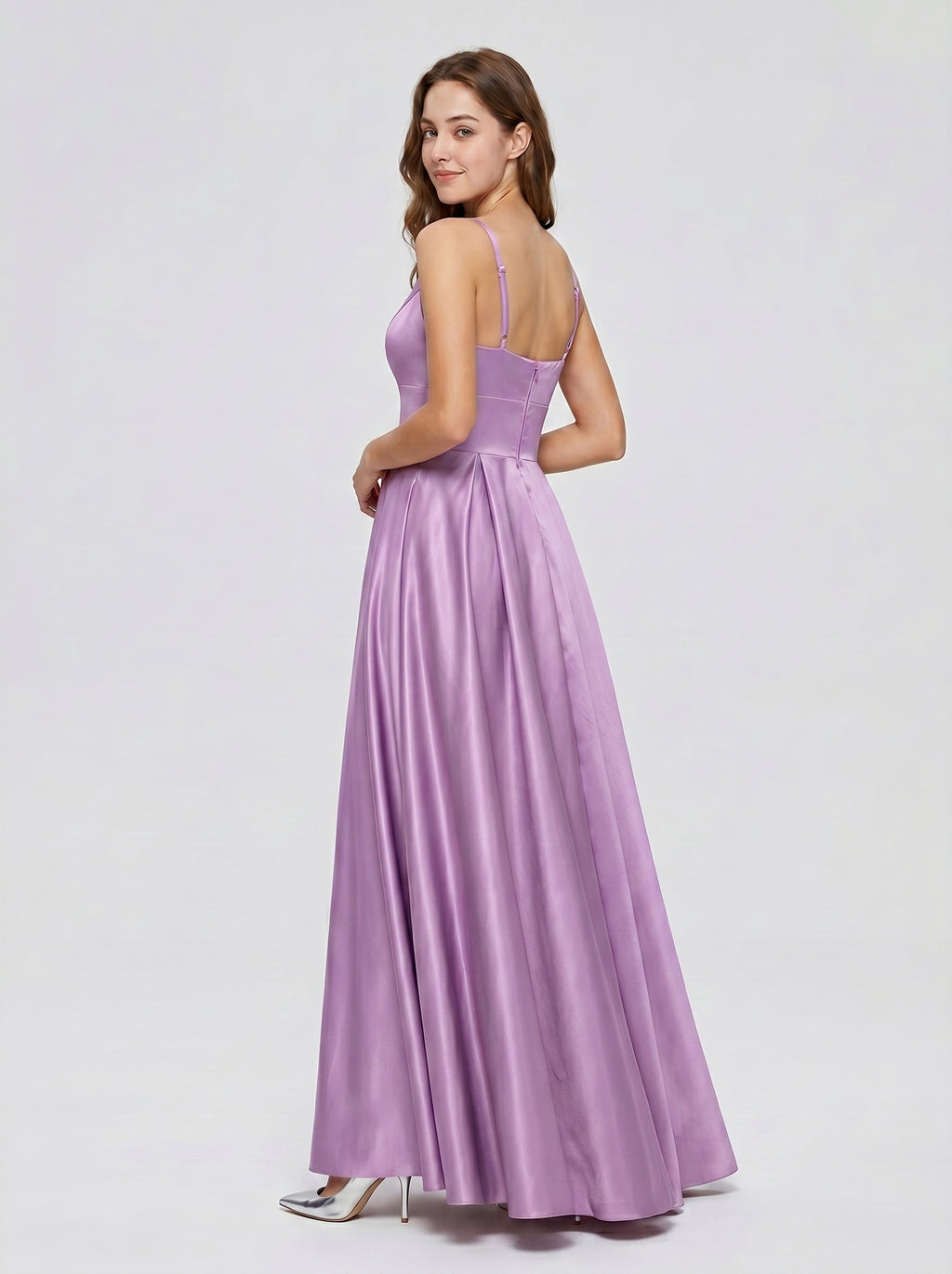 Wisteria Satin A-Line V-Neck Back Zip Floor-Length Bridesmaid Dress