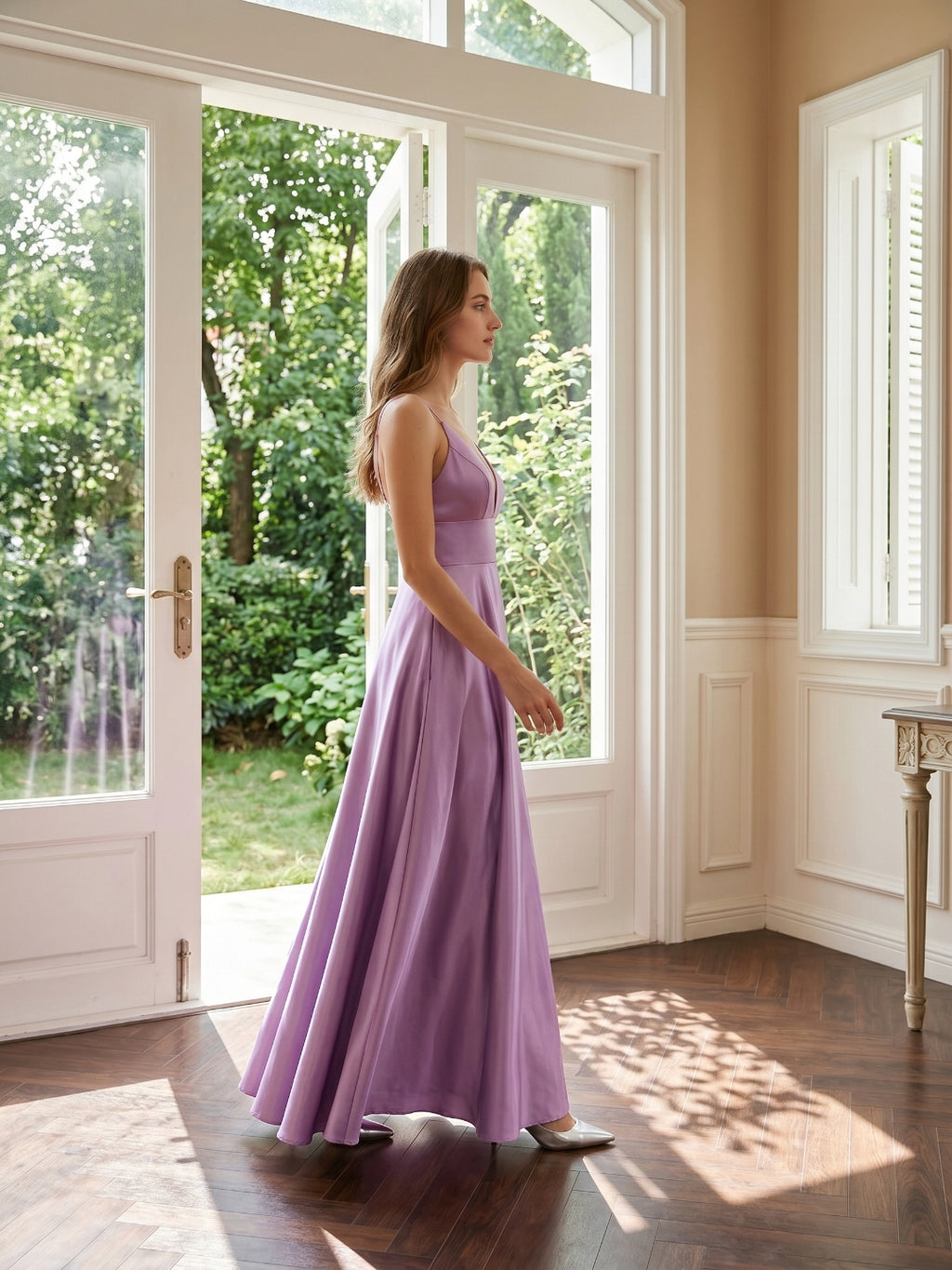 Wisteria Satin A-Line V-Neck Back Zip Floor-Length Bridesmaid Dress