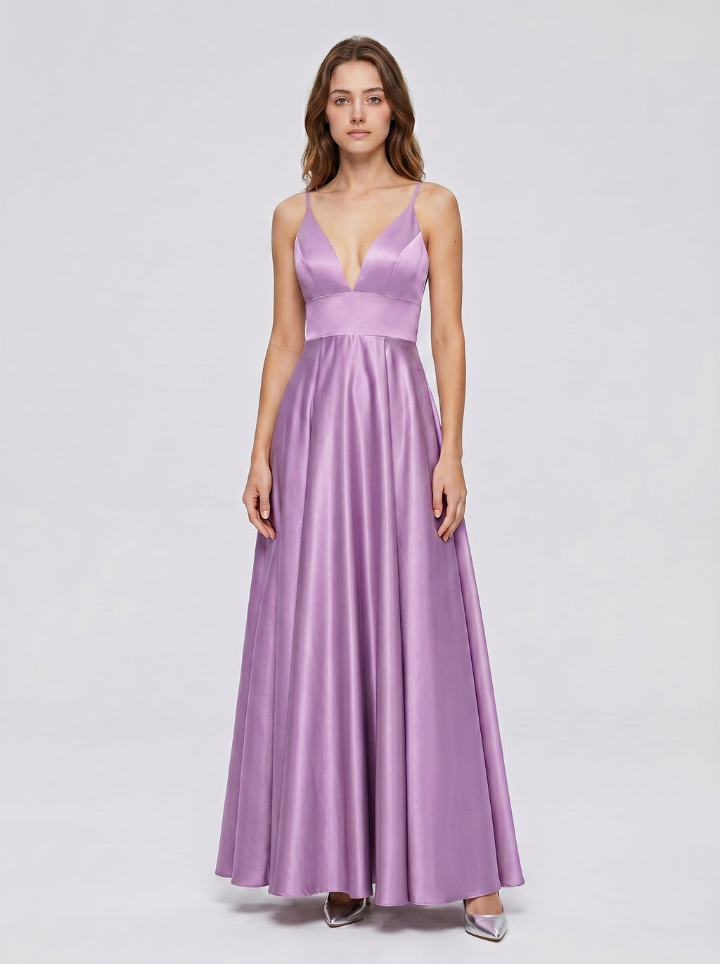 Wisteria Satin A-Line V-Neck Back Zip Floor-Length Bridesmaid Dress