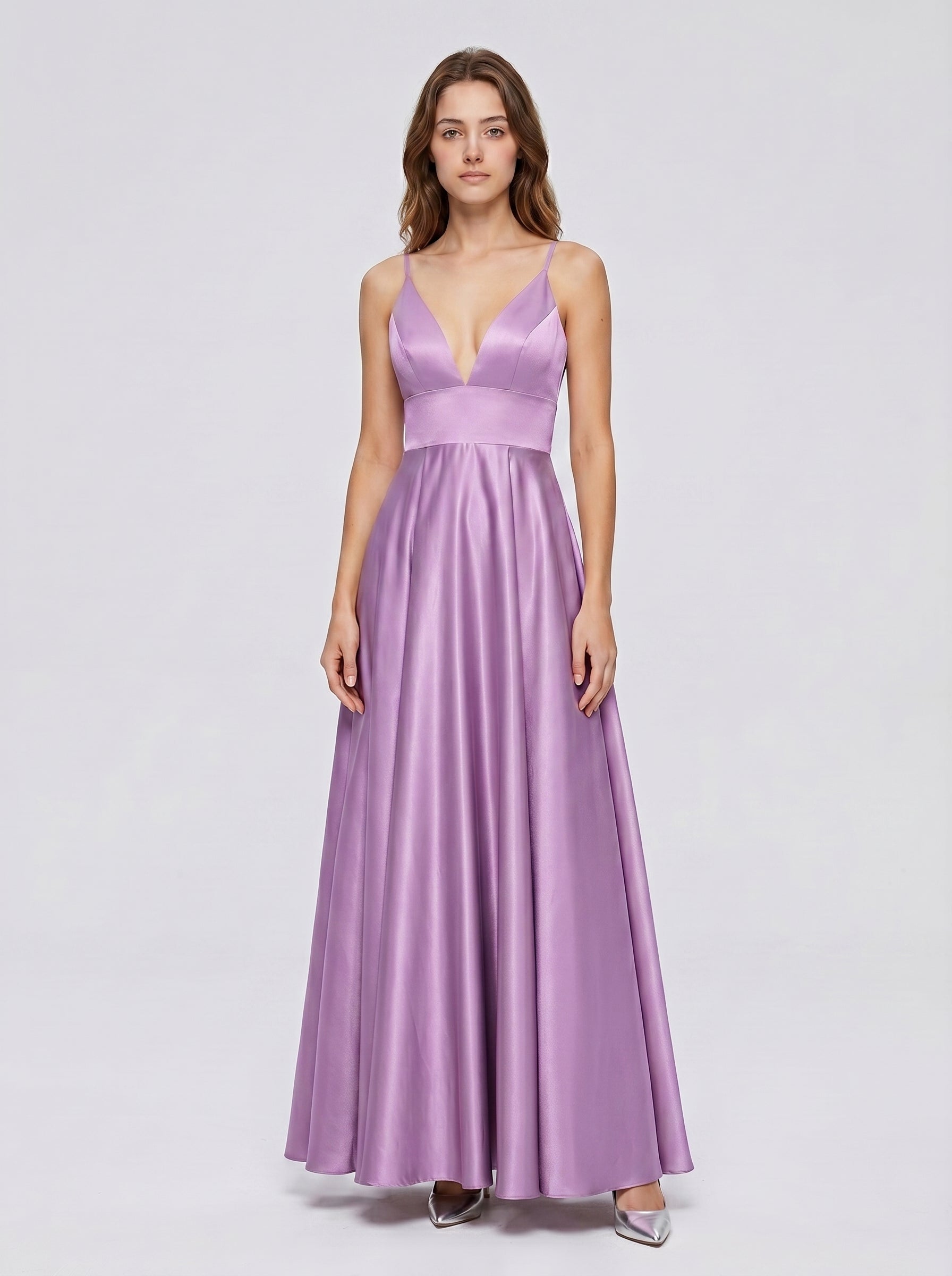 Wisteria Satin A-Line V-Neck Back Zip Floor-Length Bridesmaid Dress