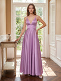 Wisteria Satin A-Line V-Neck Back Zip Floor-Length Bridesmaid Dress