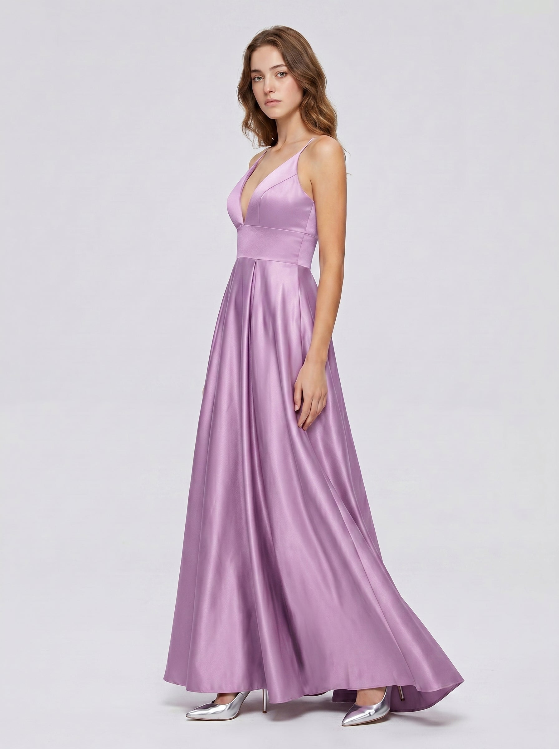 Wisteria Satin A-Line V-Neck Back Zip Floor-Length Bridesmaid Dress
