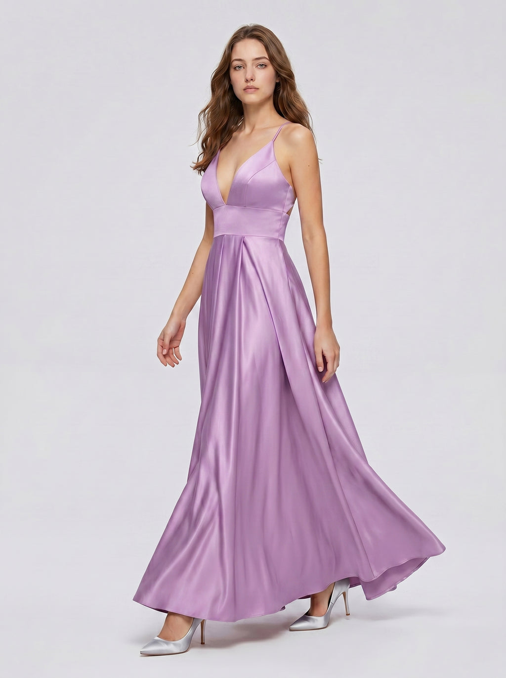 Wisteria Satin A-Line V-Neck Back Zip Floor-Length Bridesmaid Dress
