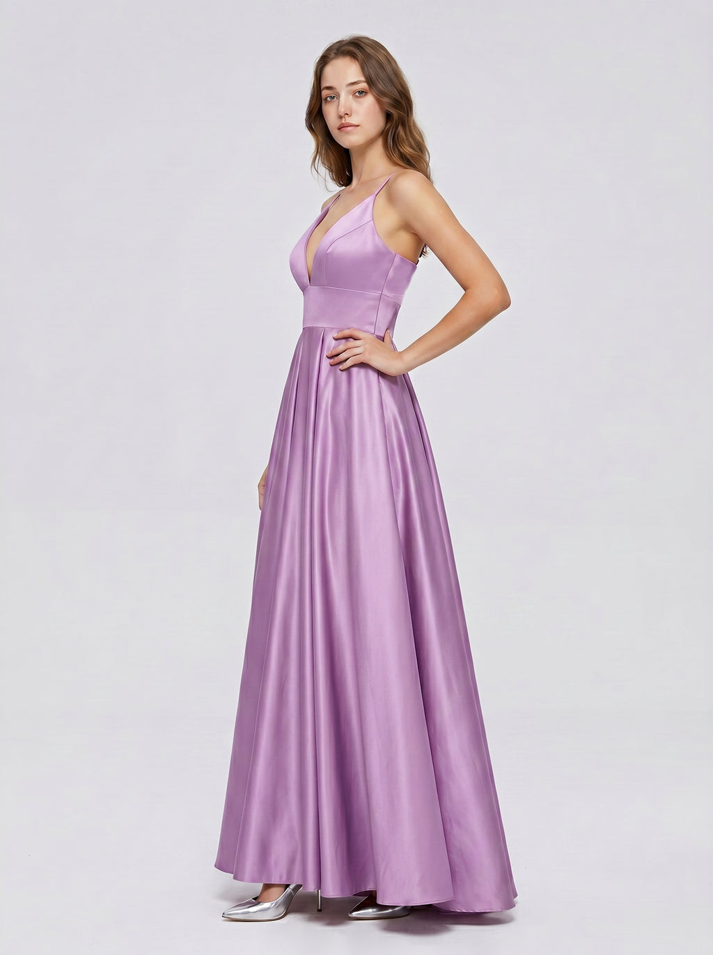 Wisteria Satin A-Line V-Neck Back Zip Floor-Length Bridesmaid Dress