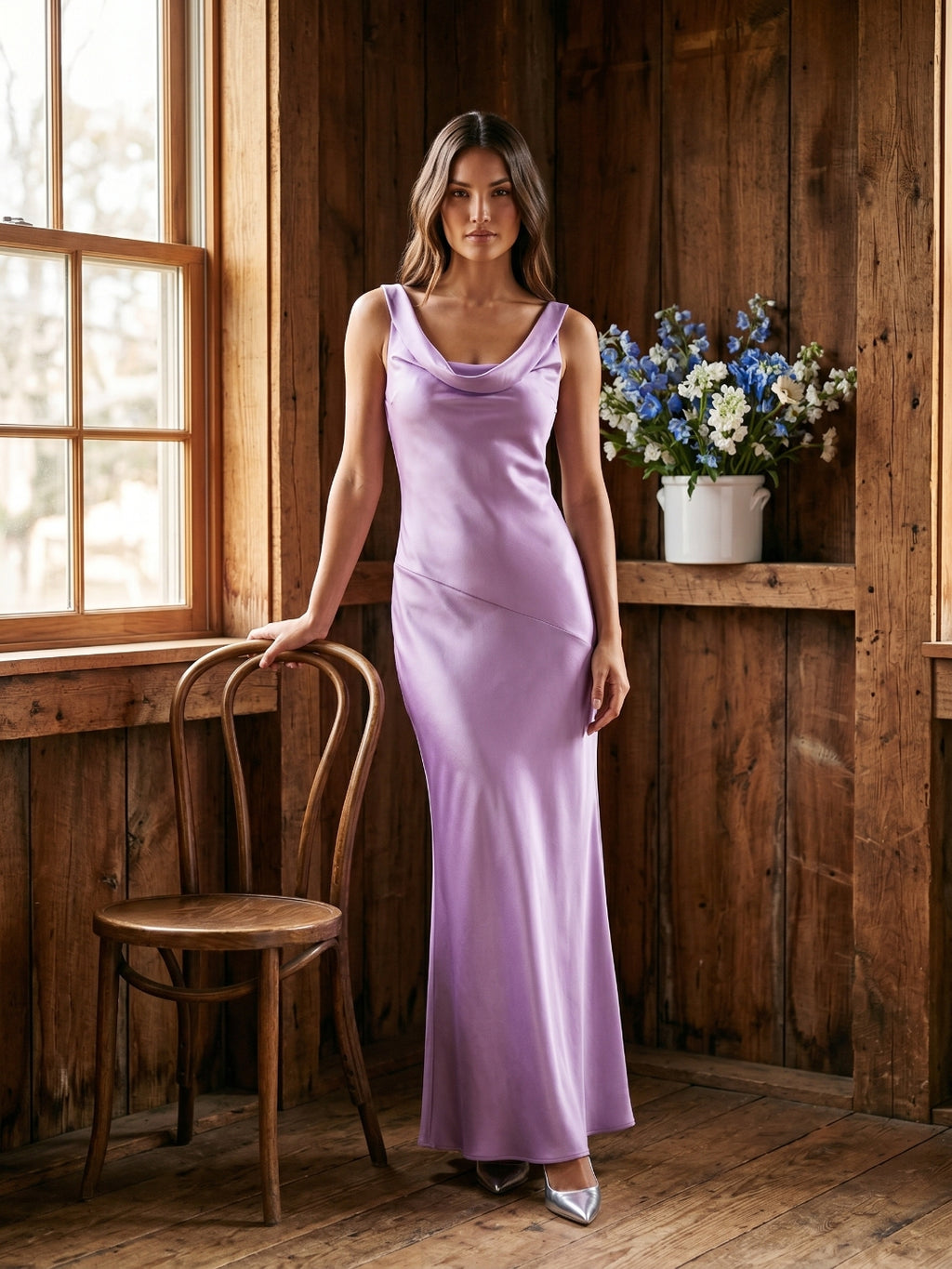 Wisteria Satin Mermaid Cowl Neck Backless Floor-Length Bridesmaid Dress