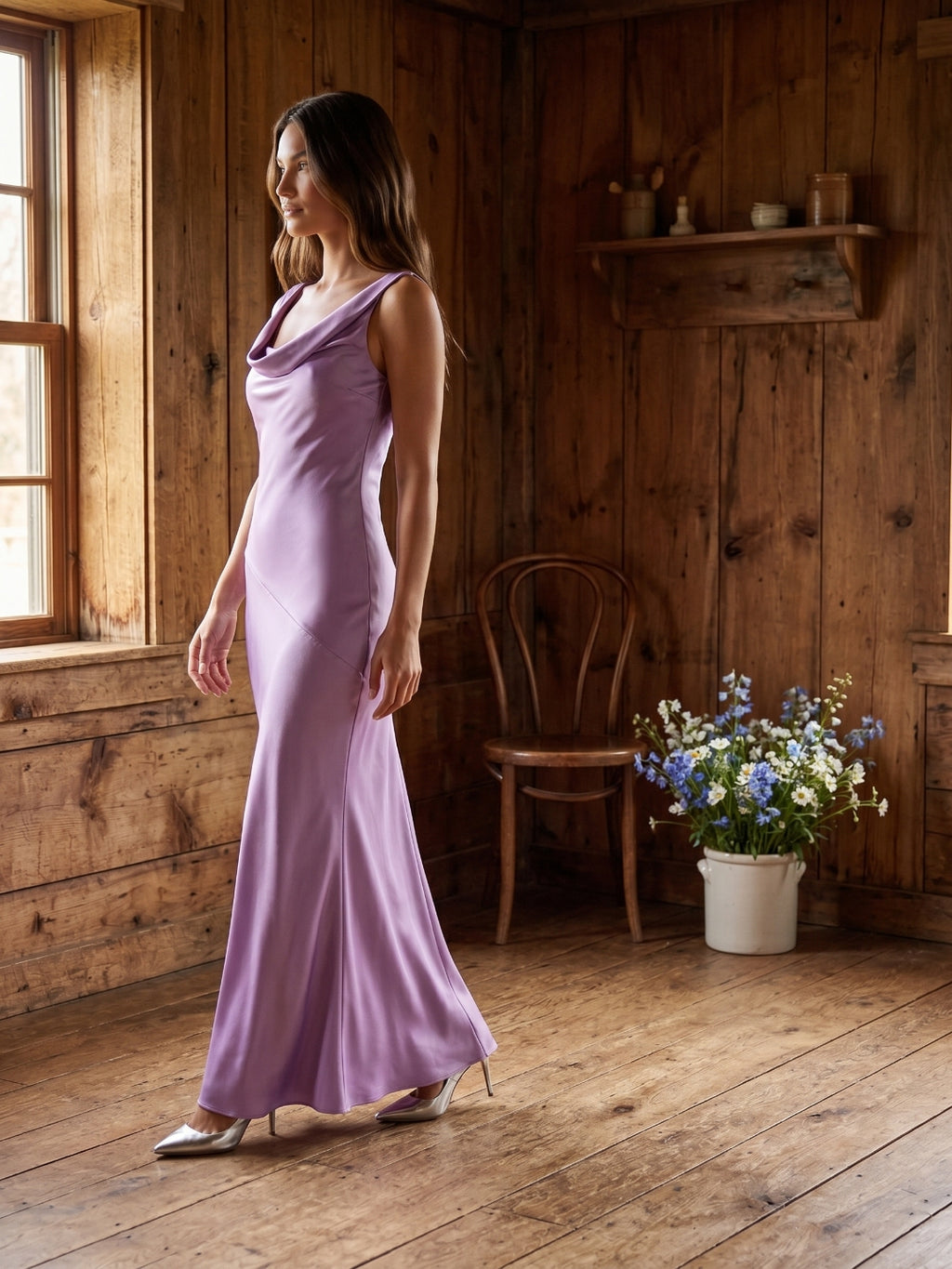 Wisteria Satin Mermaid Cowl Neck Backless Floor-Length Bridesmaid Dress