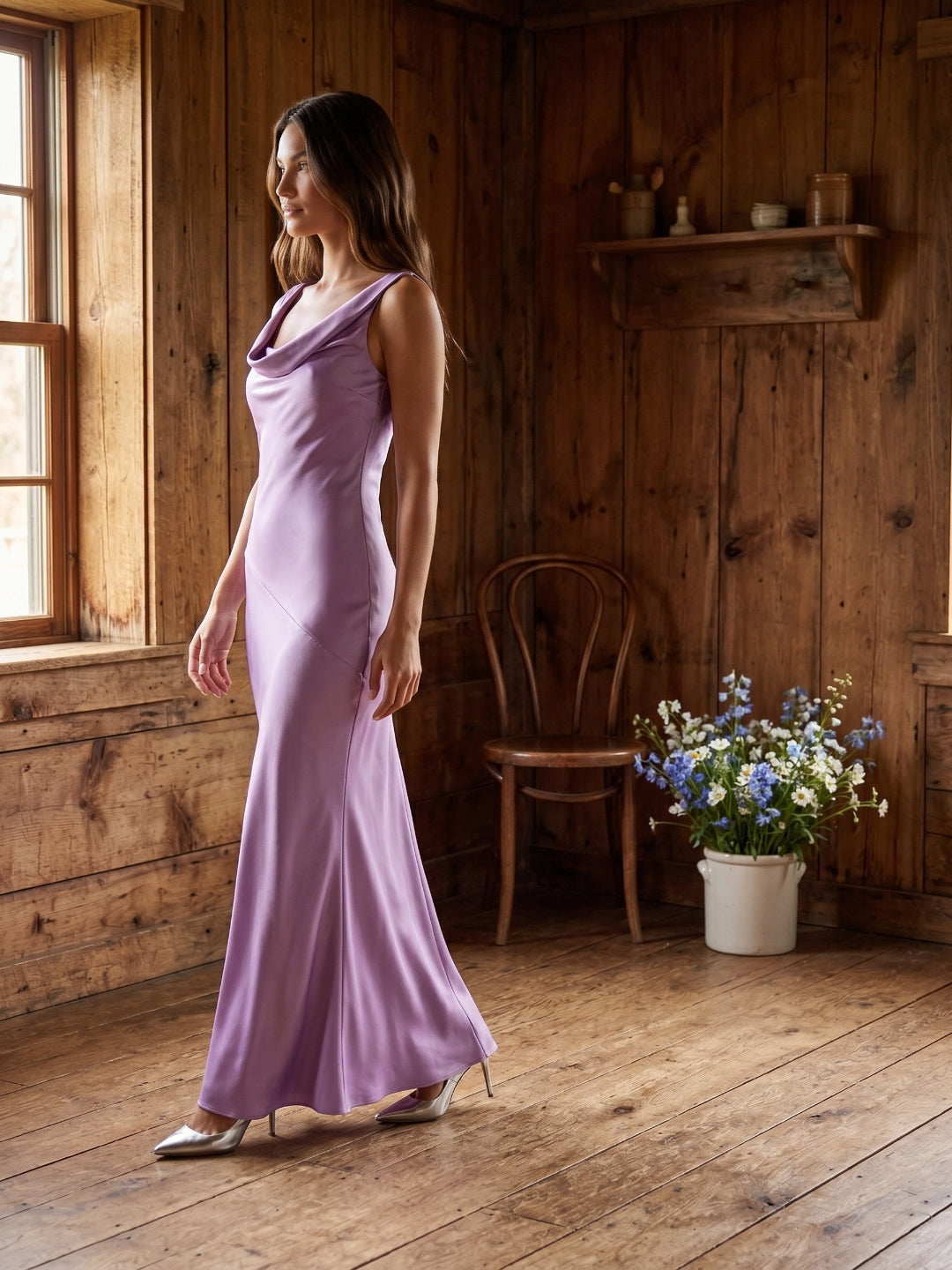 Wisteria Satin Mermaid Cowl Neck Backless Floor-Length Bridesmaid Dress