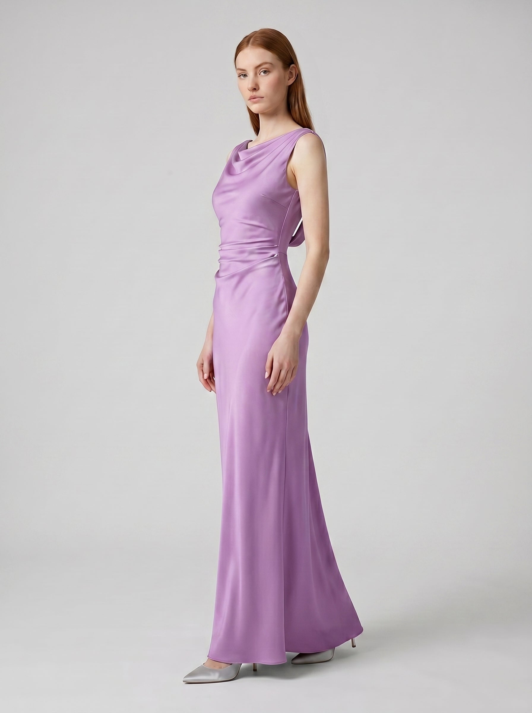 Wisteria Satin Trumpet Cowl Neck Back Zip Floor-Length Bridesmaid Dress
