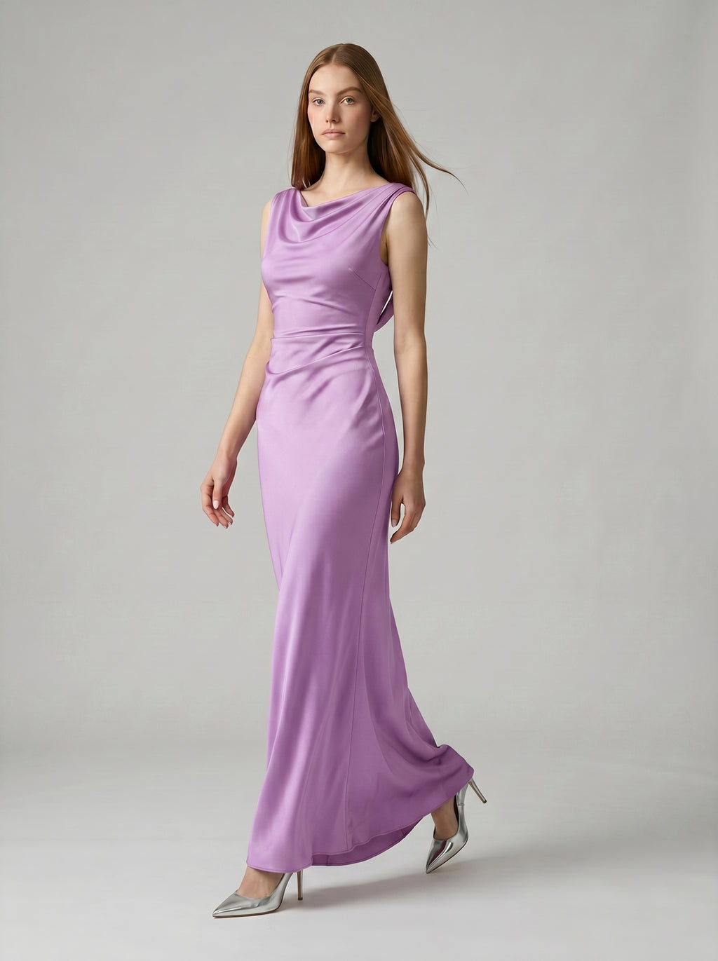 Wisteria Satin Trumpet Cowl Neck Back Zip Floor-Length Bridesmaid Dress