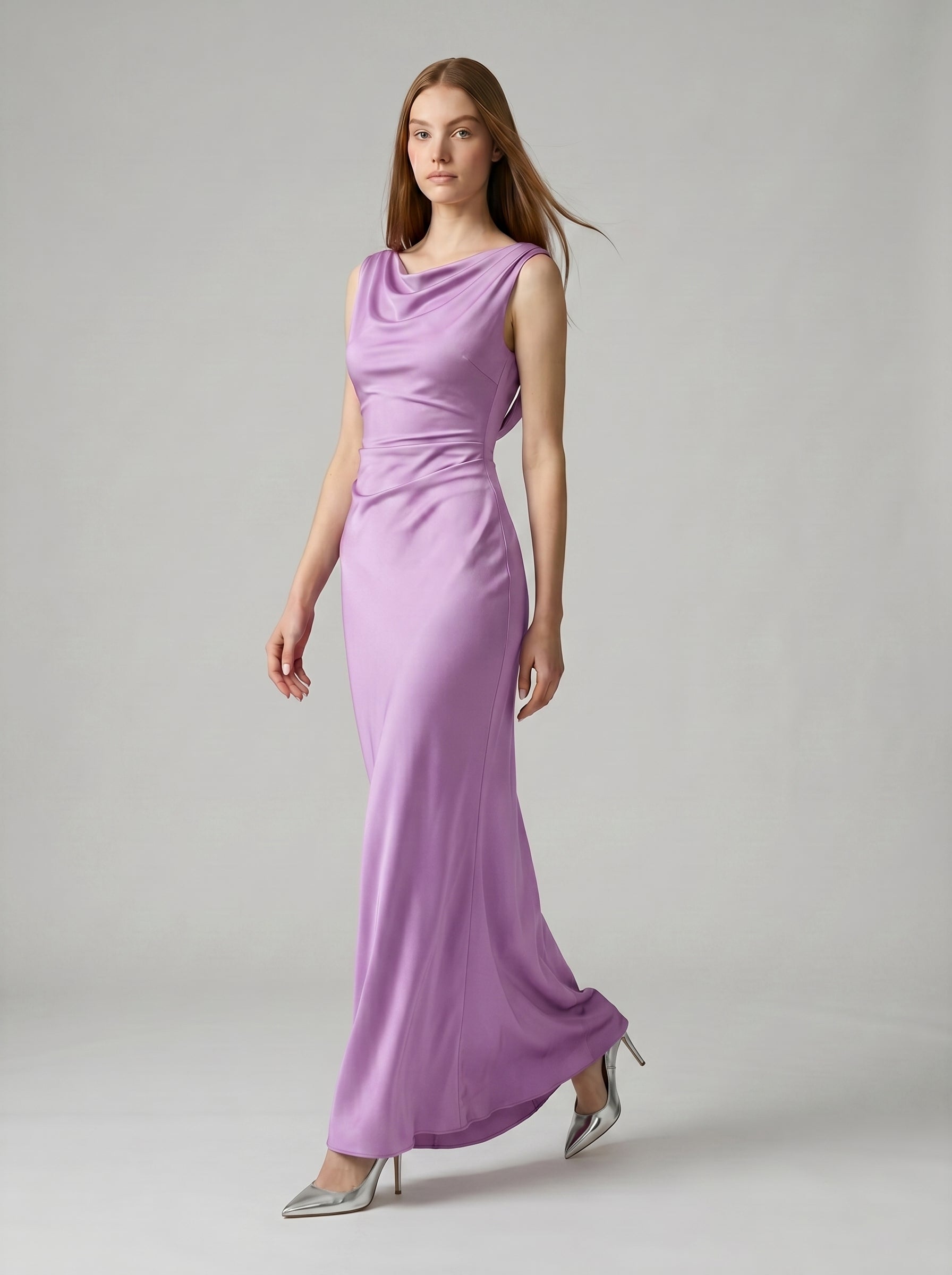 Wisteria Satin Trumpet Cowl Neck Back Zip Floor-Length Bridesmaid Dress