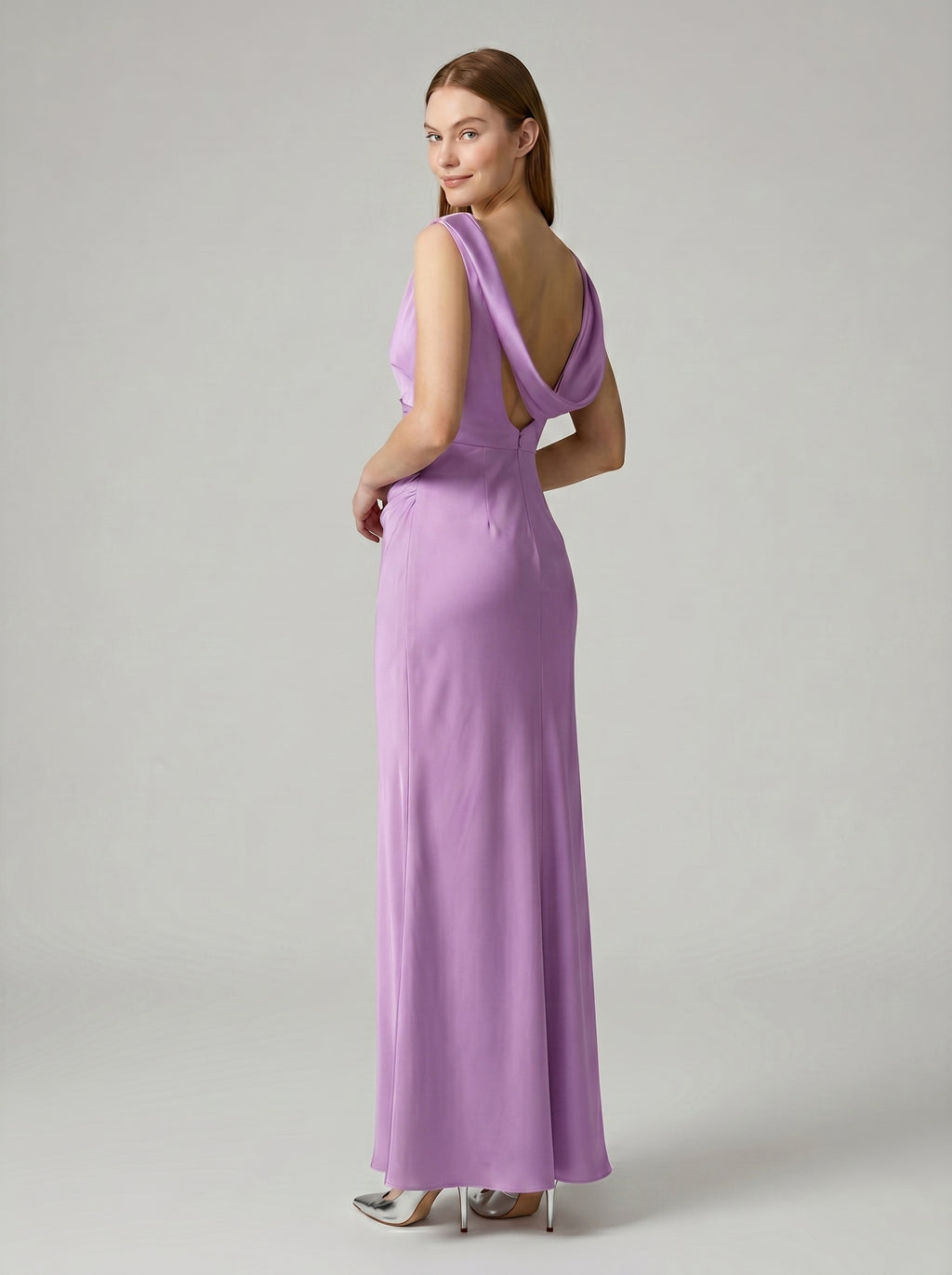 Wisteria Satin Trumpet Cowl Neck Back Zip Floor-Length Bridesmaid Dress