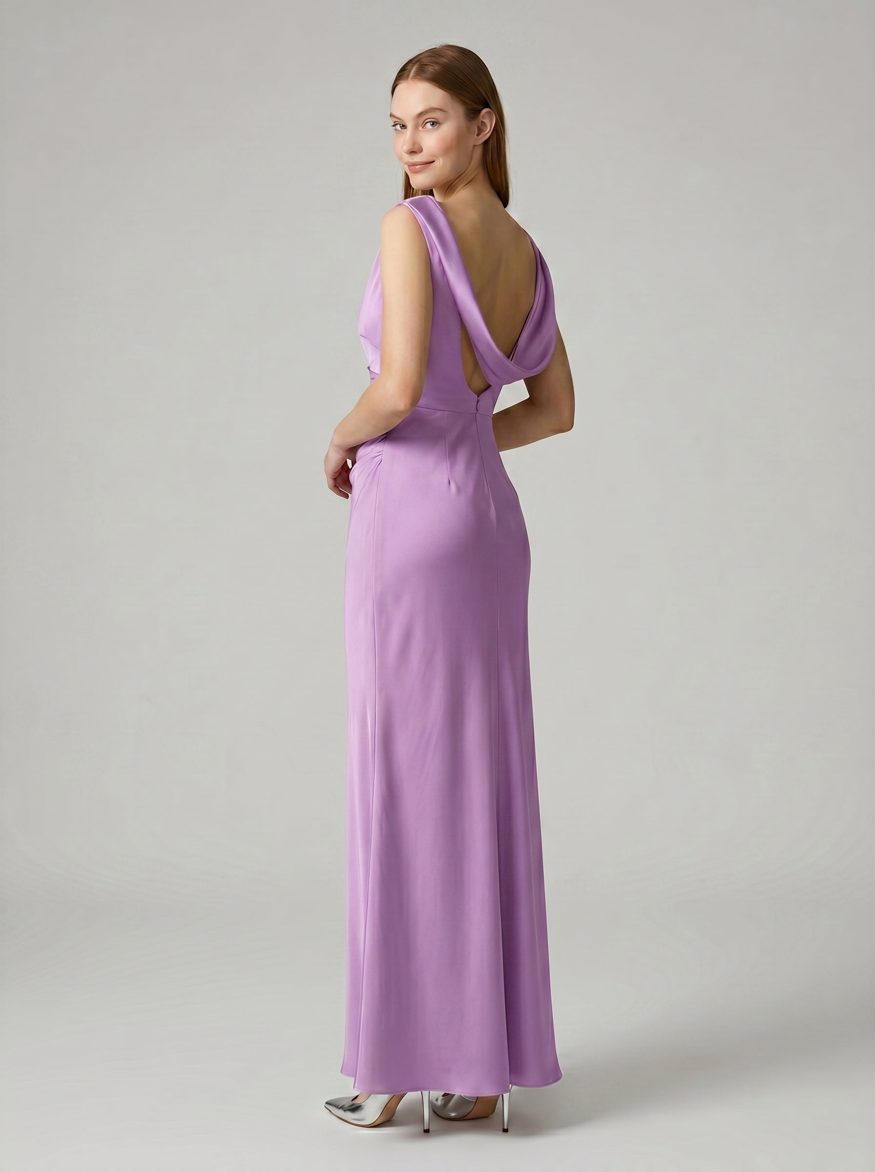 Wisteria Satin Trumpet Cowl Neck Back Zip Floor-Length Bridesmaid Dress