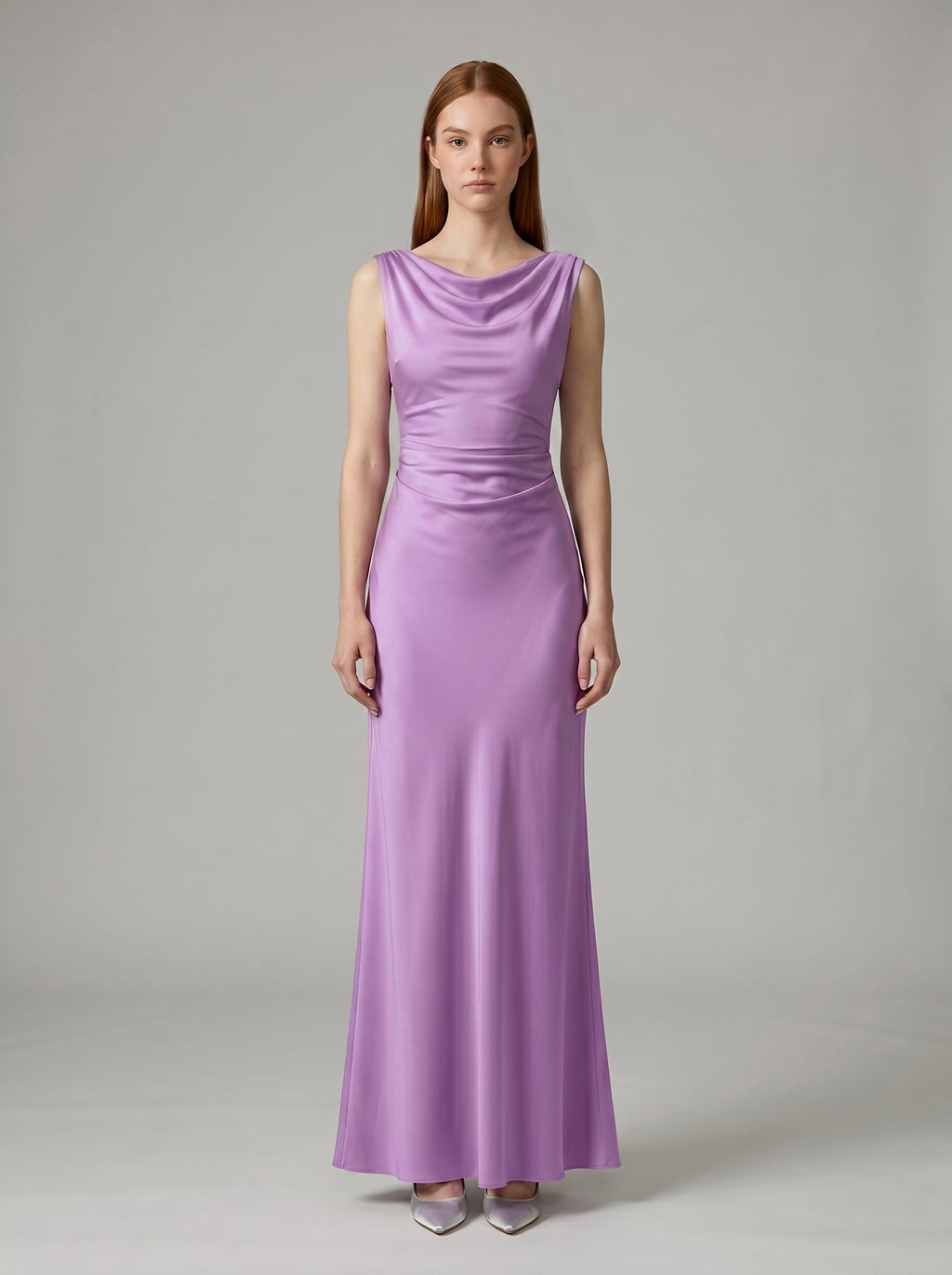 Wisteria Satin Trumpet Cowl Neck Back Zip Floor-Length Bridesmaid Dress