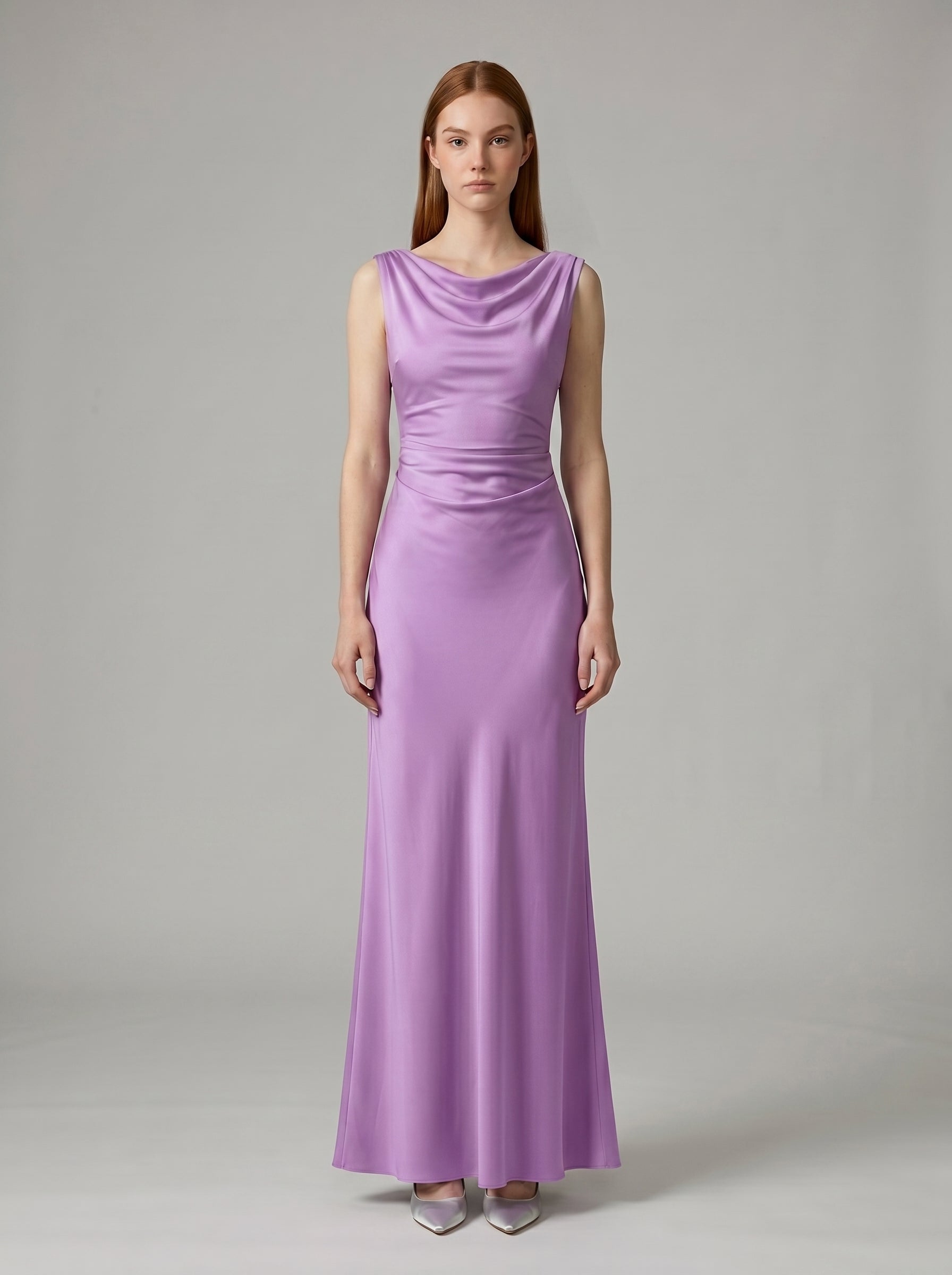 Wisteria Satin Trumpet Cowl Neck Back Zip Floor-Length Bridesmaid Dress